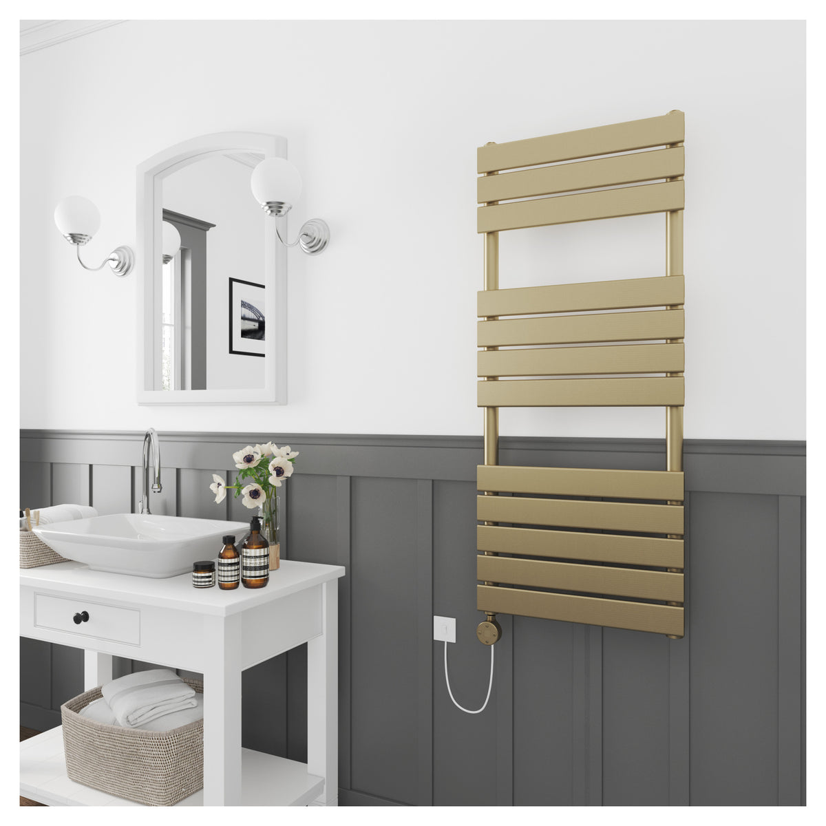 Tailored Queenstown Electric Pre - Filled Towel Rail with Thermo Element 1200 x 450mm, Brushed Brass
