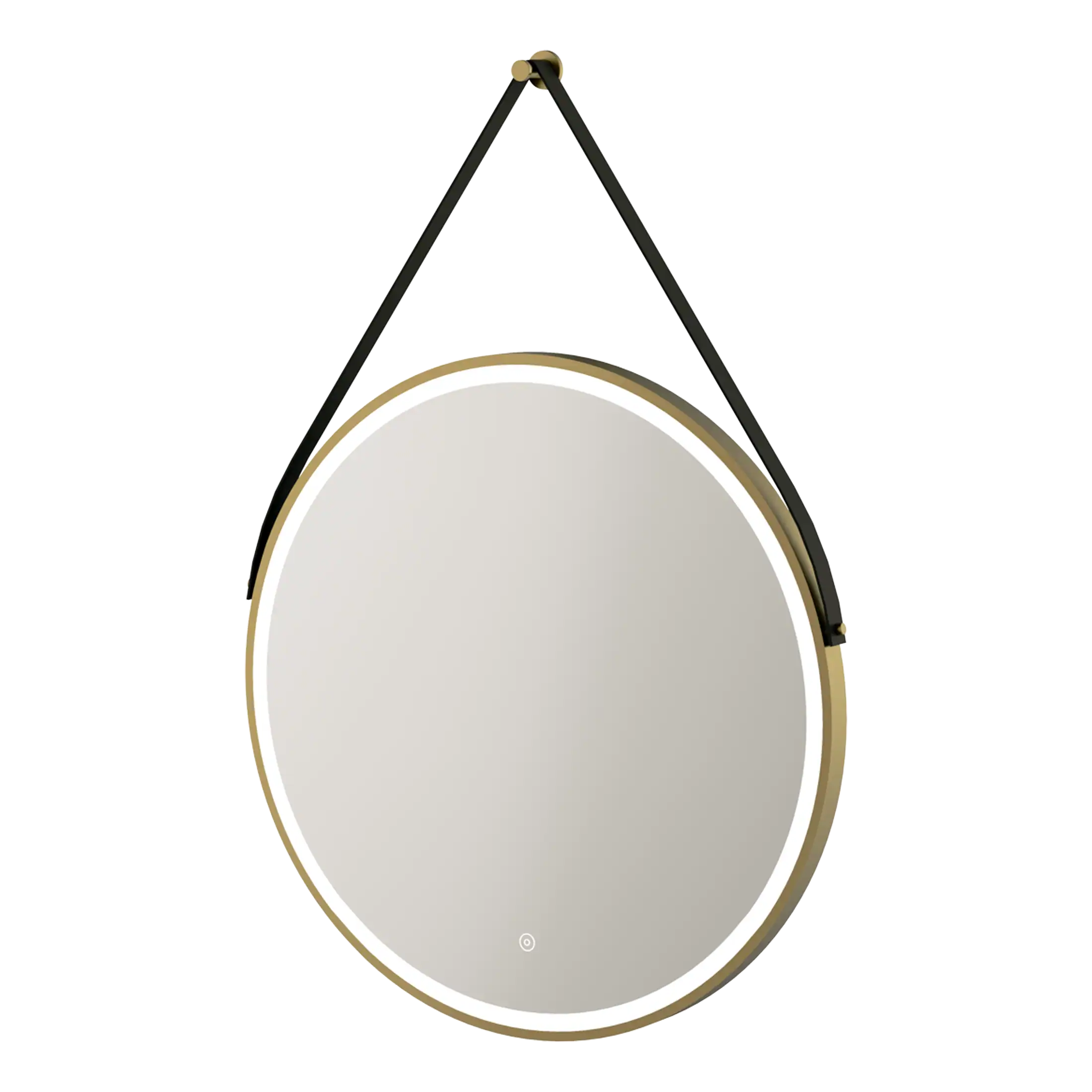 Sleek circular bathroom mirror with black and gold accents, hanging from a black strap for modern bathroom decor, ideal for enhancing space and style.