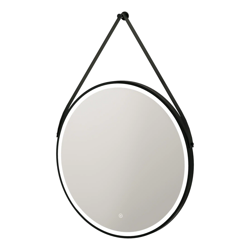 Modern round wall mirror with black frame, stylishly designed for contemporary bathrooms from Bubly Bathrooms. Perfect for adding elegance and functionality to your bathroom space.