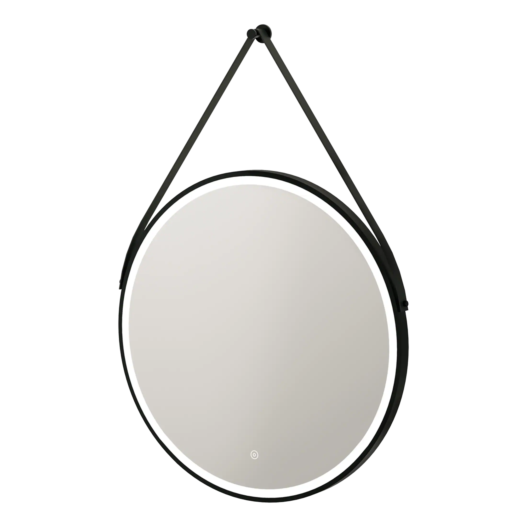 Modern round wall mirror with black frame, stylishly designed for contemporary bathrooms from Bubly Bathrooms. Perfect for adding elegance and functionality to your bathroom space.
