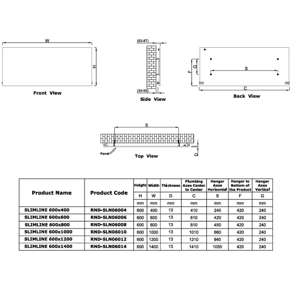 Reina Slimline Horizontal Anthracite Designer Radiator - technical drawing with dimensions