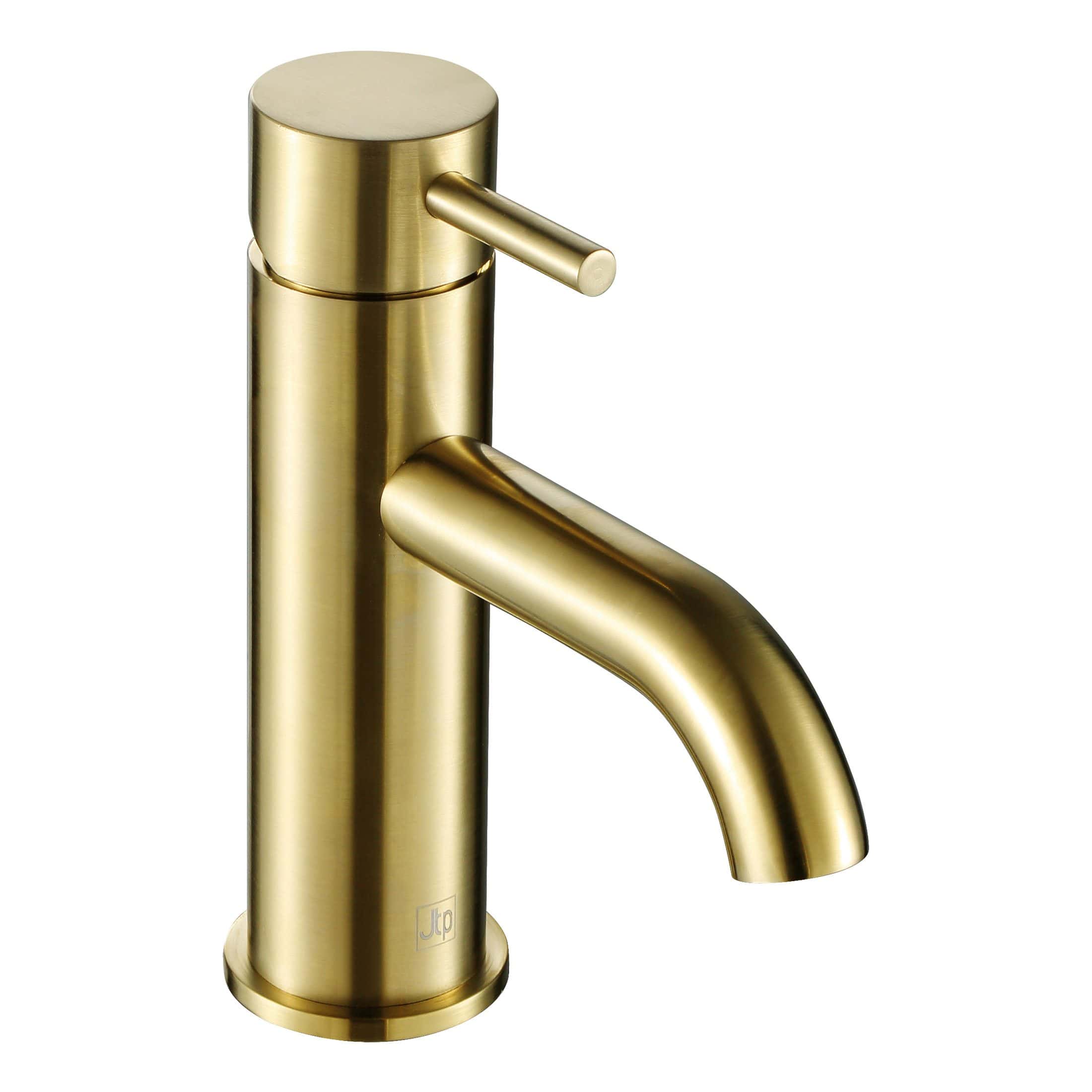 Brass bathroom faucet with modern, minimalist design ideal for contemporary bathrooms. Sleek gold finish featuring a single handle for easy water control. Perfect for stylish bathroom updates.