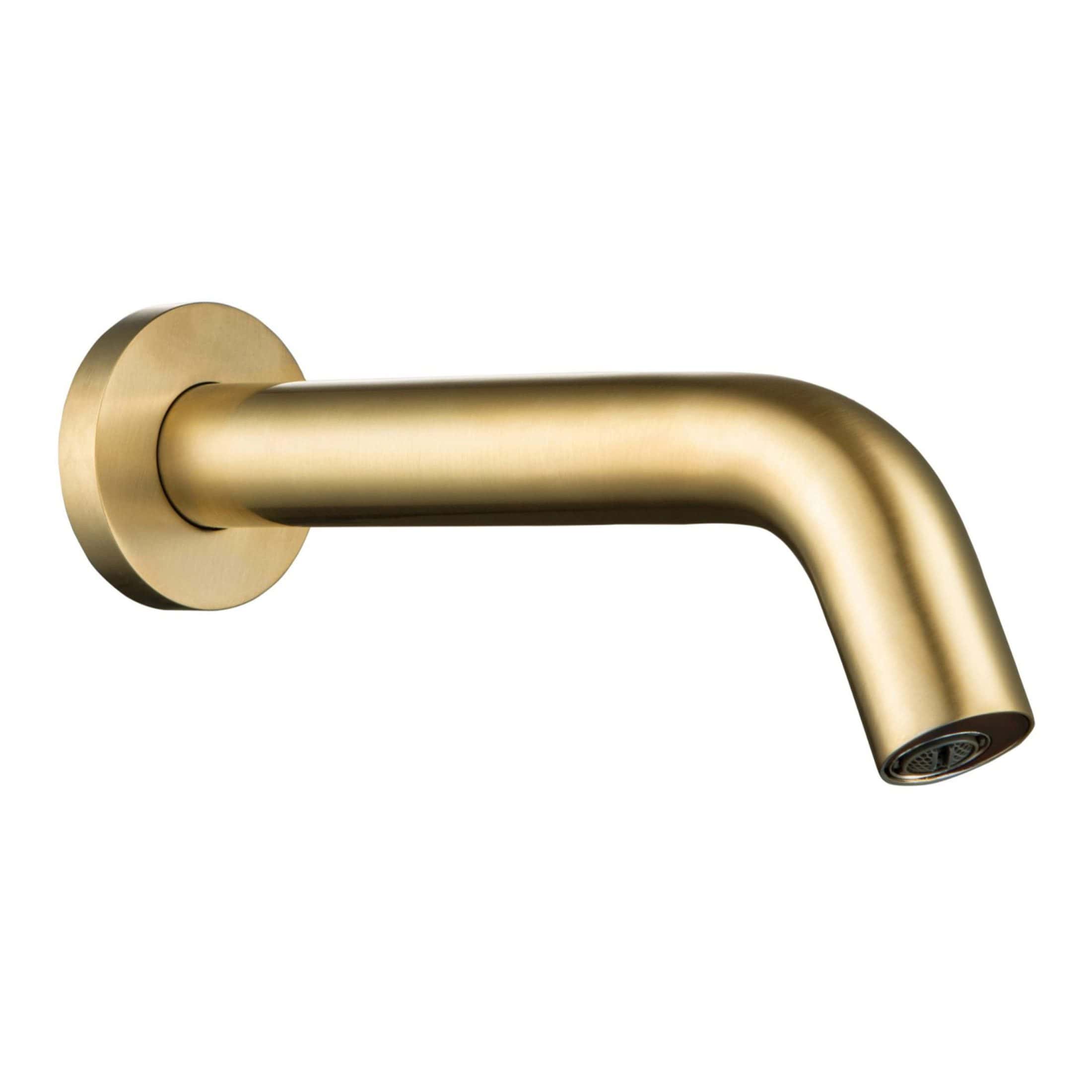 Polished brass wall-mounted bathroom tap, modern and minimalistic design by Bubly Bathrooms, ideal for kitchen and bathroom sink fixtures.
