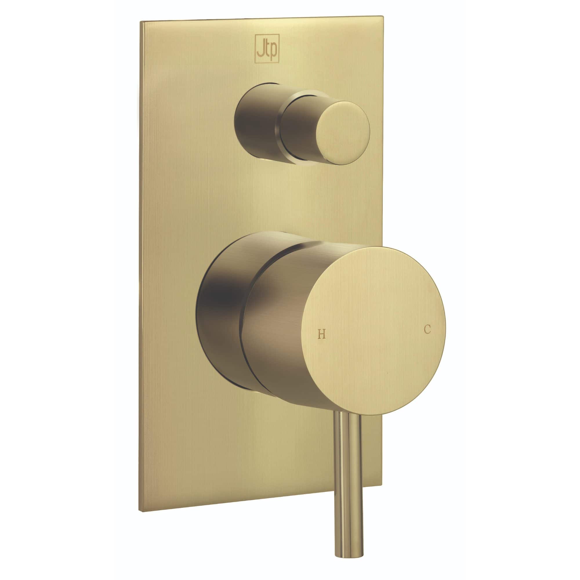 Brass shower control panel with temperature and flow adjustment, modern bathroom fixture for luxury Bubly Bathrooms.