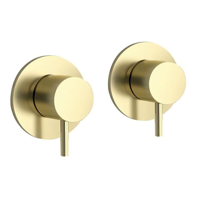 Brass wall-mounted shower controls with modern minimalist design, perfect for luxurious bathrooms. Durable and stylish fixtures for seamless bath and shower experience.