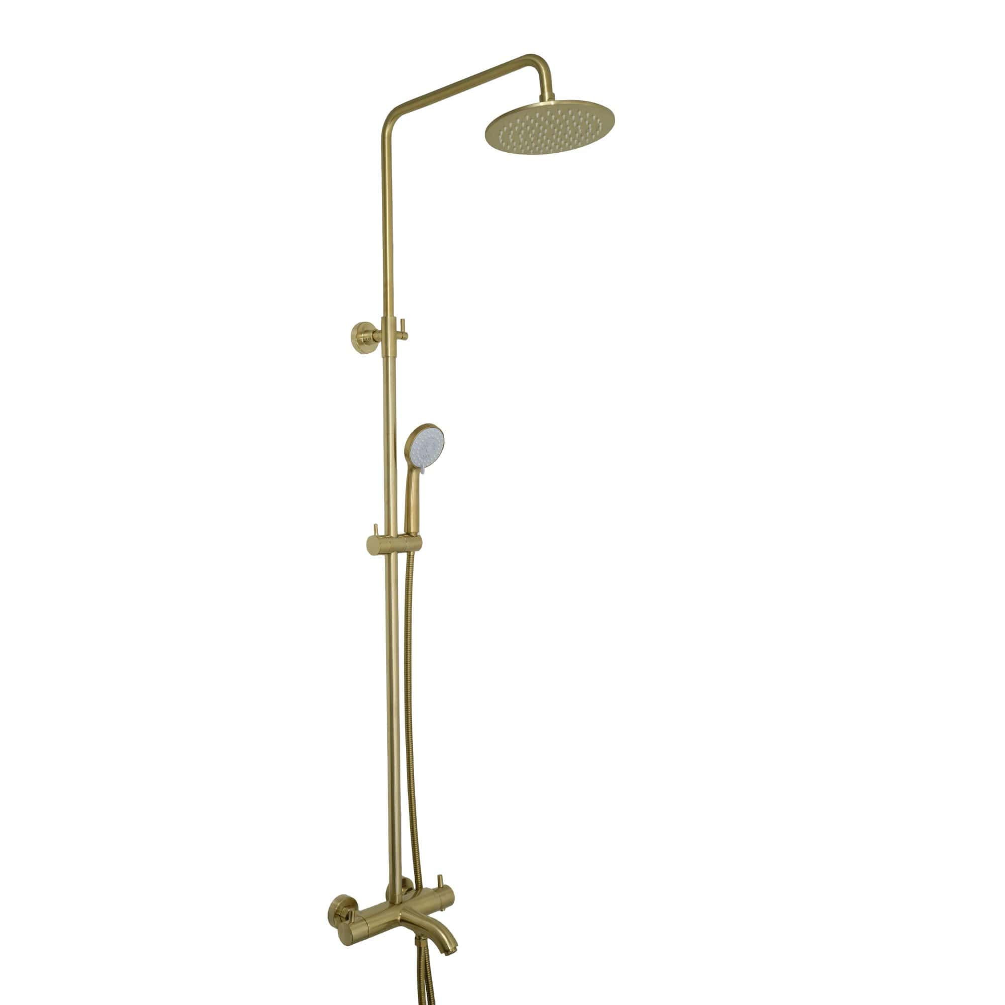 Brass shower column with overhead rain shower and handheld shower head, modern bathroom mixer tap, adjustable shower system for luxury shower experience.