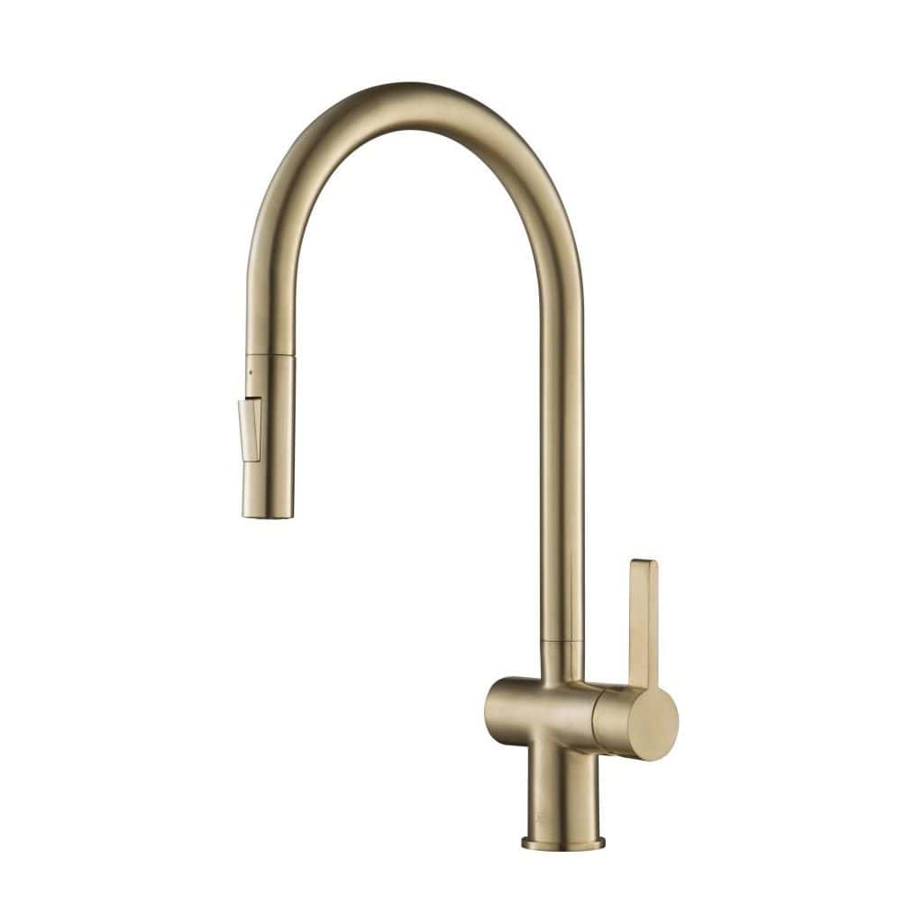 Sleek gold modern kitchen tap with high-arc spout and single lever for stylish and functional kitchen sink installation. Perfect for contemporary bathroom or kitchen upgrades.