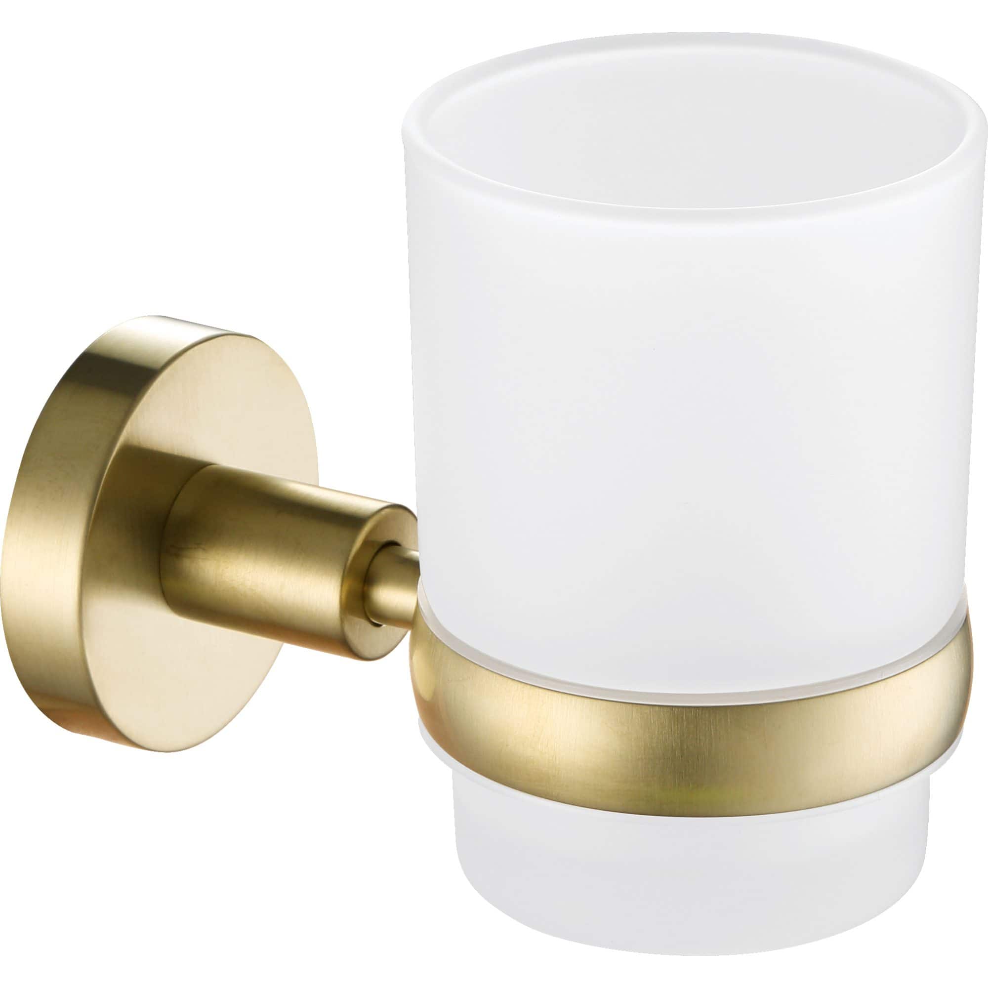 Sleek modern wall-mounted bathroom tumbler holder with gold and white finish, ideal for storing toothbrushes and toothpaste, adding contemporary elegance to your bathroom decor.