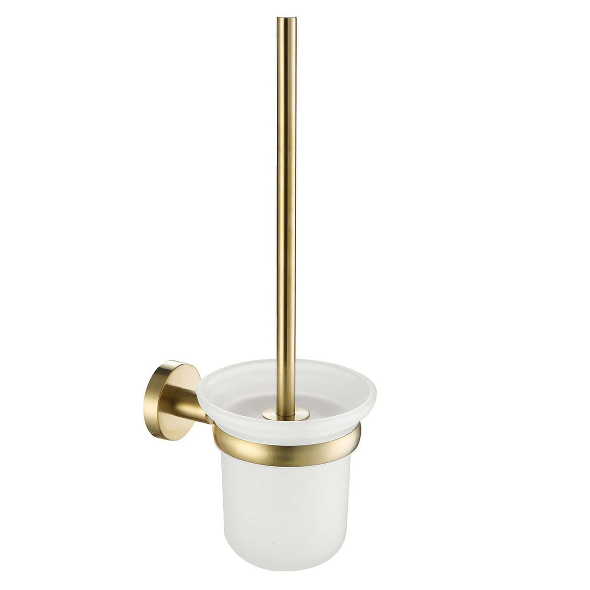Brass and white ceramic toilet brush holder set, elegant bathroom accessories, modern design, durable material, perfect for bathroom cleanliness and organisation, sleek gold finish, from Bubly Bathrooms.