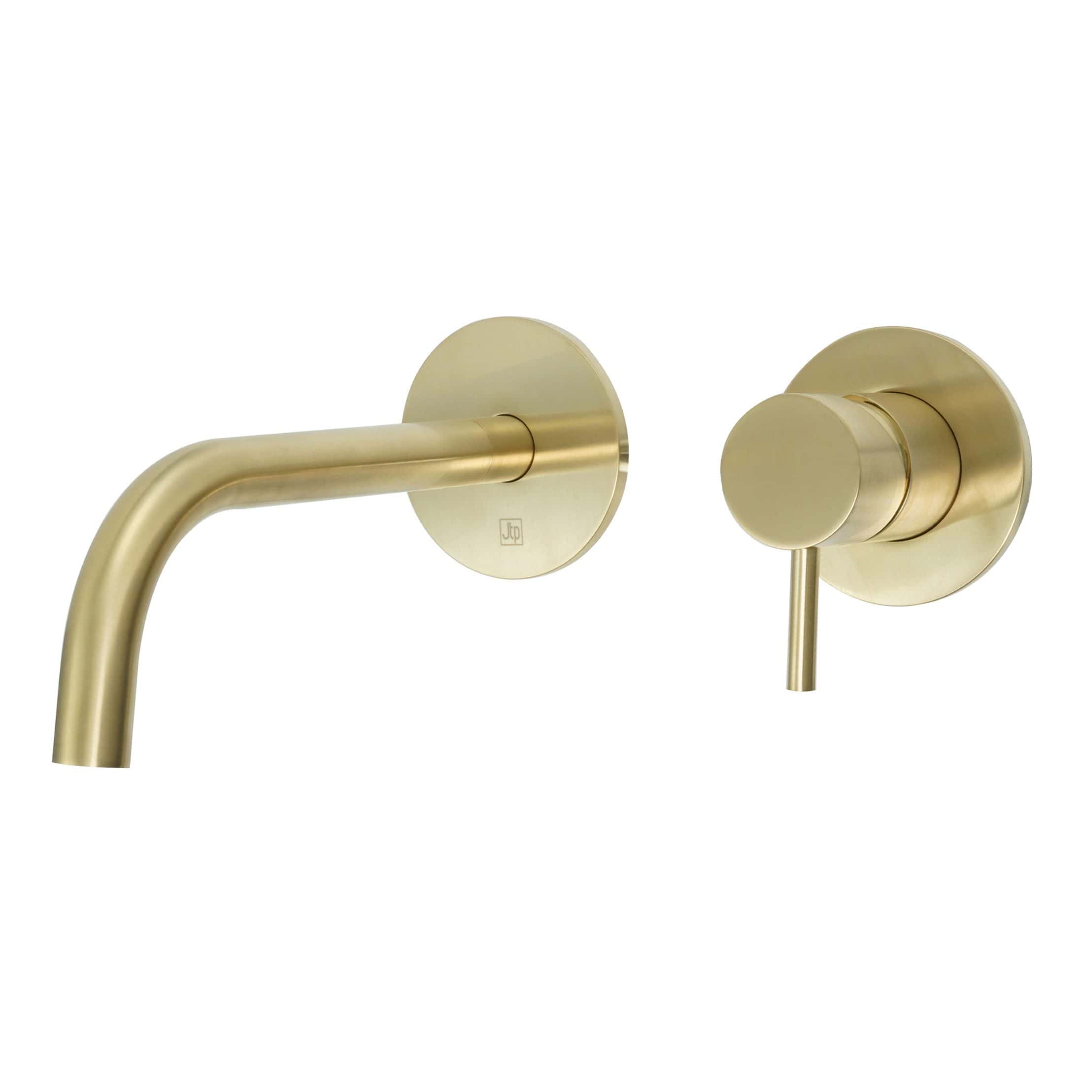 Brushed gold wall-mounted kitchen sink tap with modern design and single lever for easy temperature and flow control. Perfect for contemporary kitchens and bathroom upgrades.