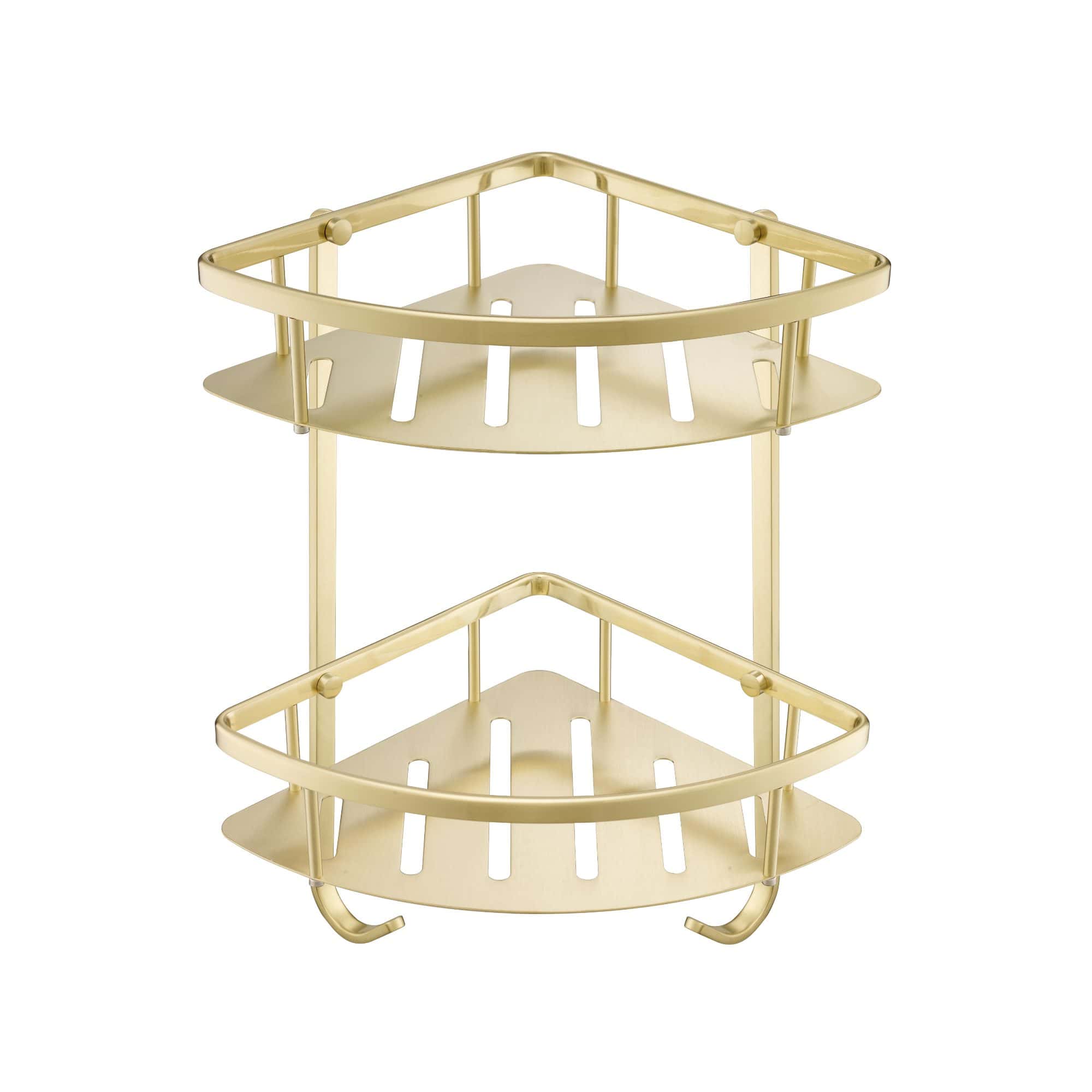 Versatile beige corner shower caddy for bathroom organisation with two-tier storage and rust-resistant metal construction. Ideal for holding toiletries, shampoos, and bath essentials.