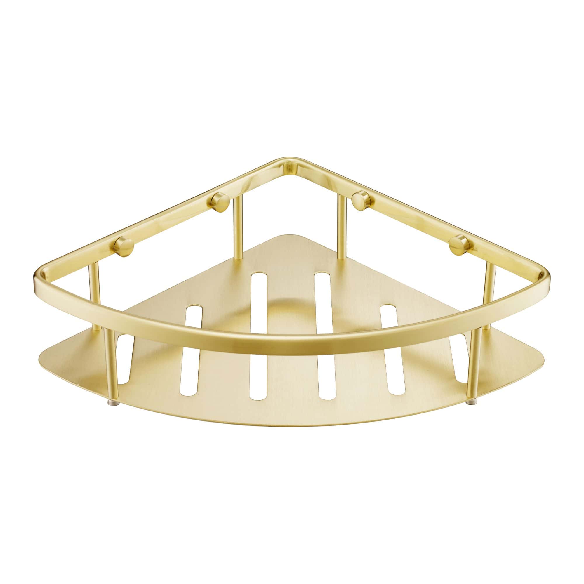 Shower corner shelf in gold finish, designed for bathroom organisation and storage, featuring slotted design for toiletries, ideal for modern aquatic bathroom decor.