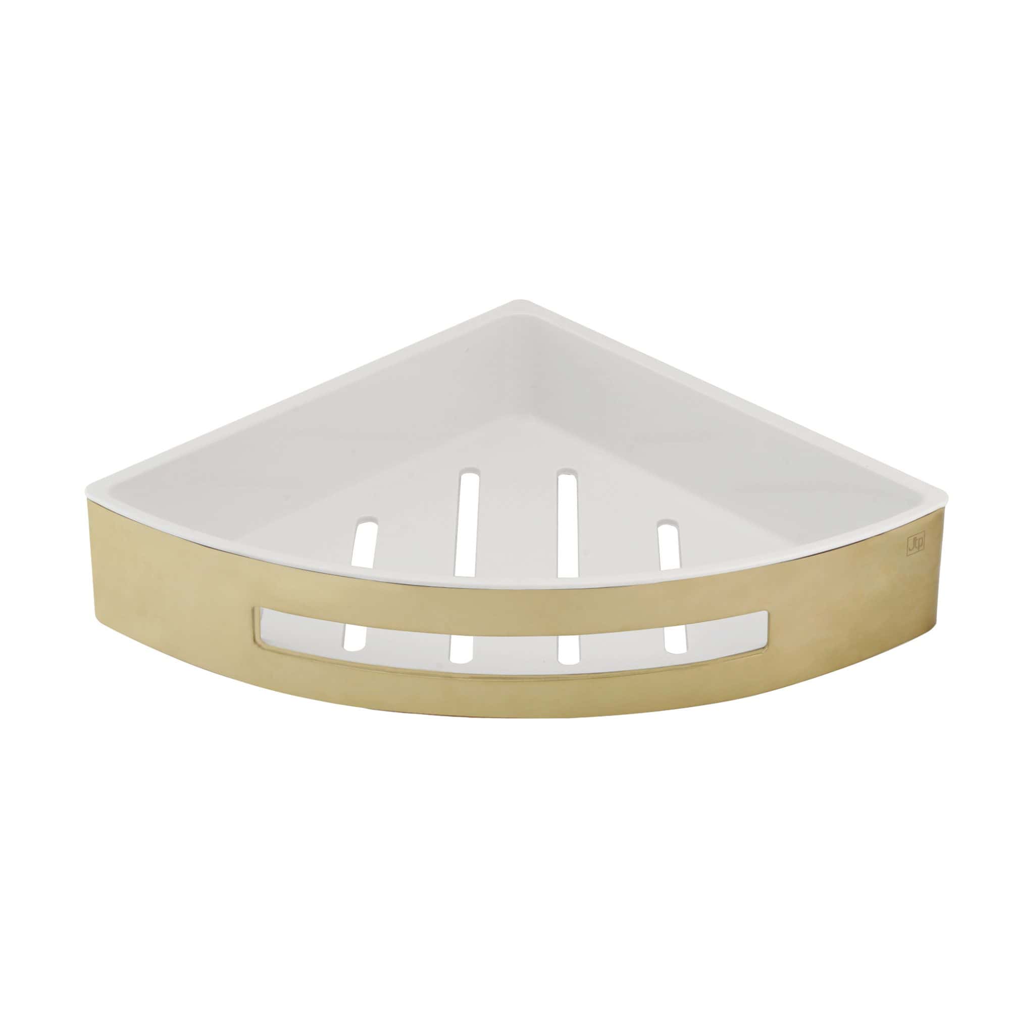 Shower corner shelf with white and beige finish, designed for bathroom organisation and storage, featuring multiple slots for soap, shampoo, and accessories. Ideal for modern bathrooms.