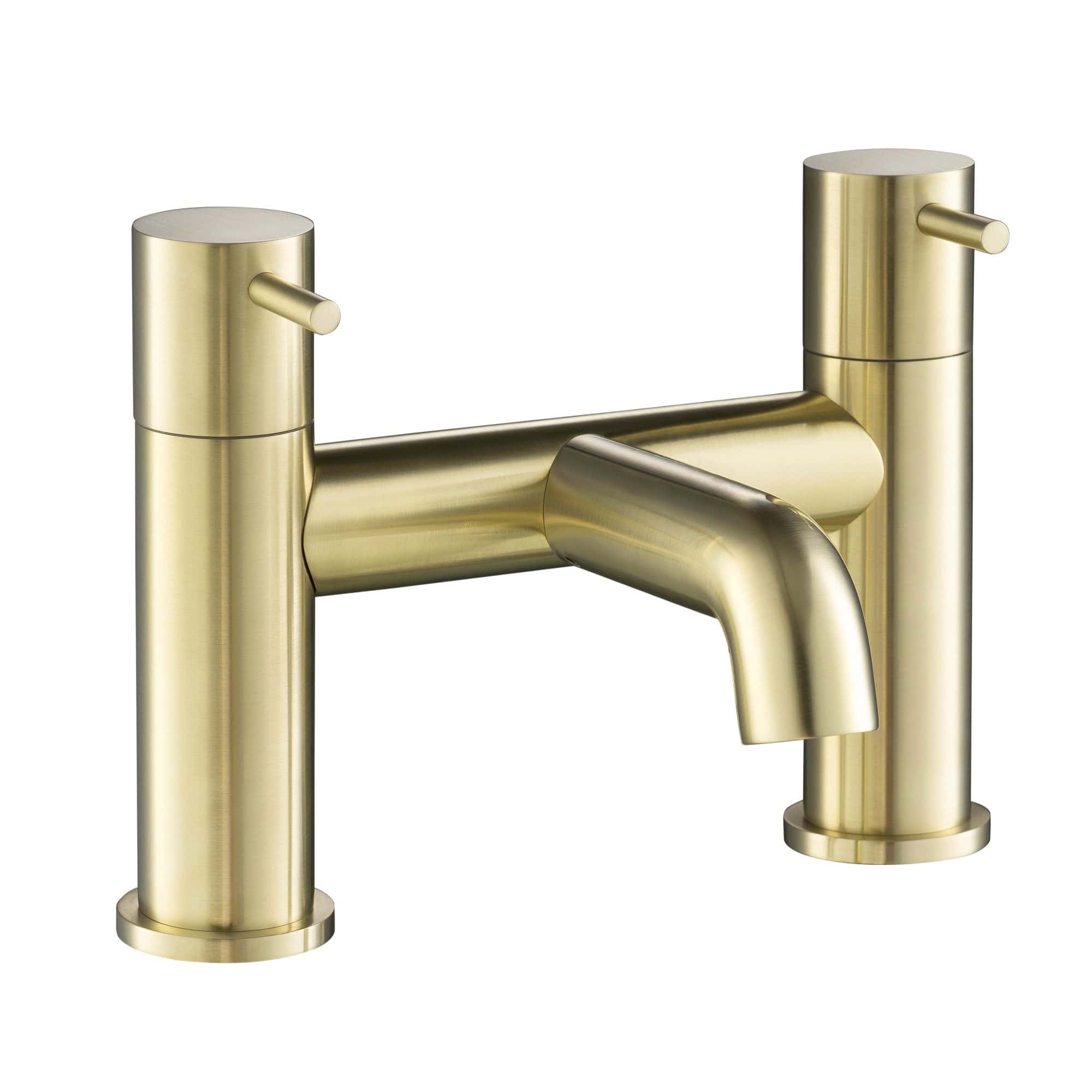 Shiny gold modern kitchen tap with dual controls, sleek cylindrical design, suitable for contemporary bathroom or kitchen decor.
