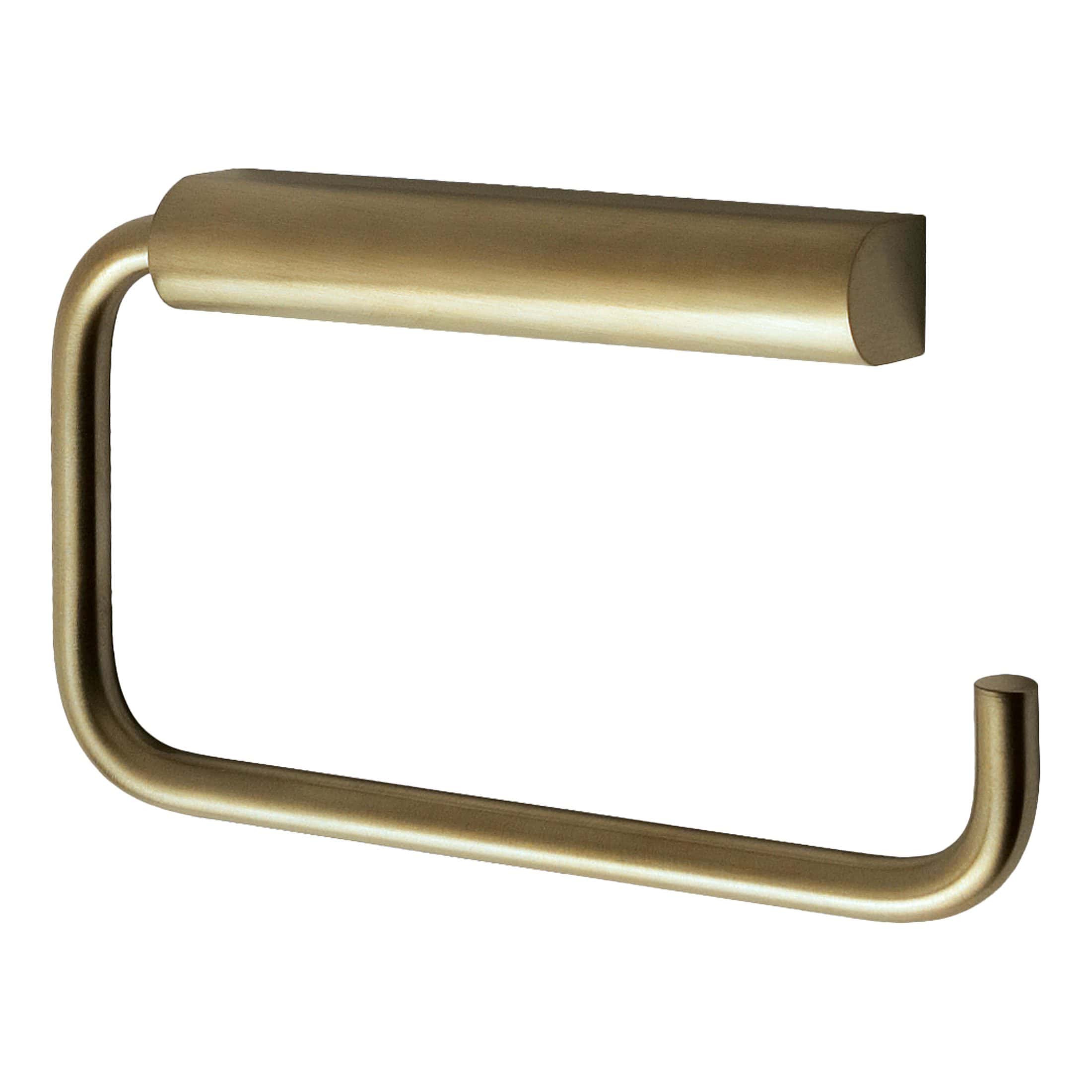 2. Modern gold bathroom toilet paper holder with sleek curved design for contemporary bathroom decor.