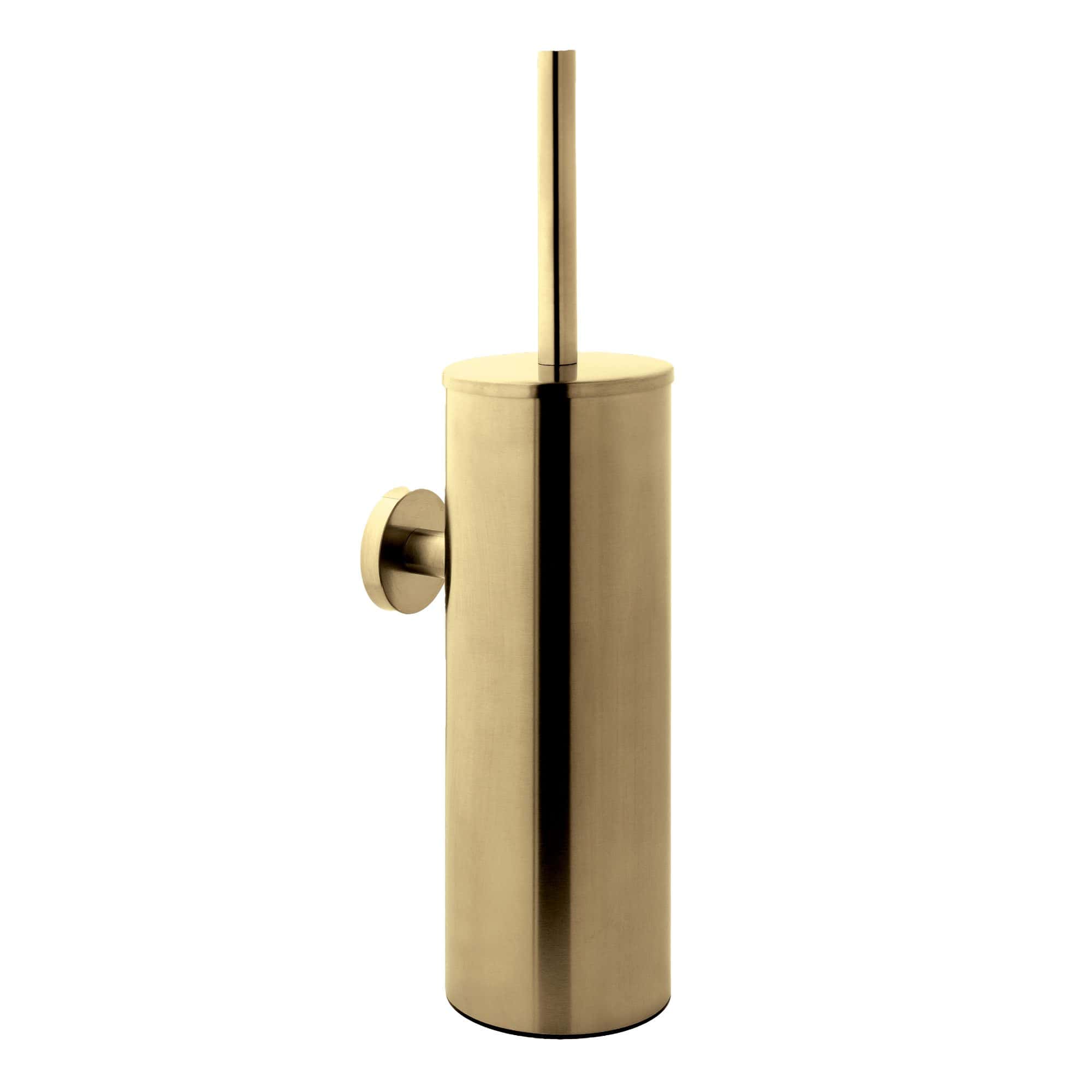 Polished brass toilet brush holder with matching and modern bathroom accessory from Bubly Bathrooms. Elegant and functional cleaning tool for contemporary bathrooms.