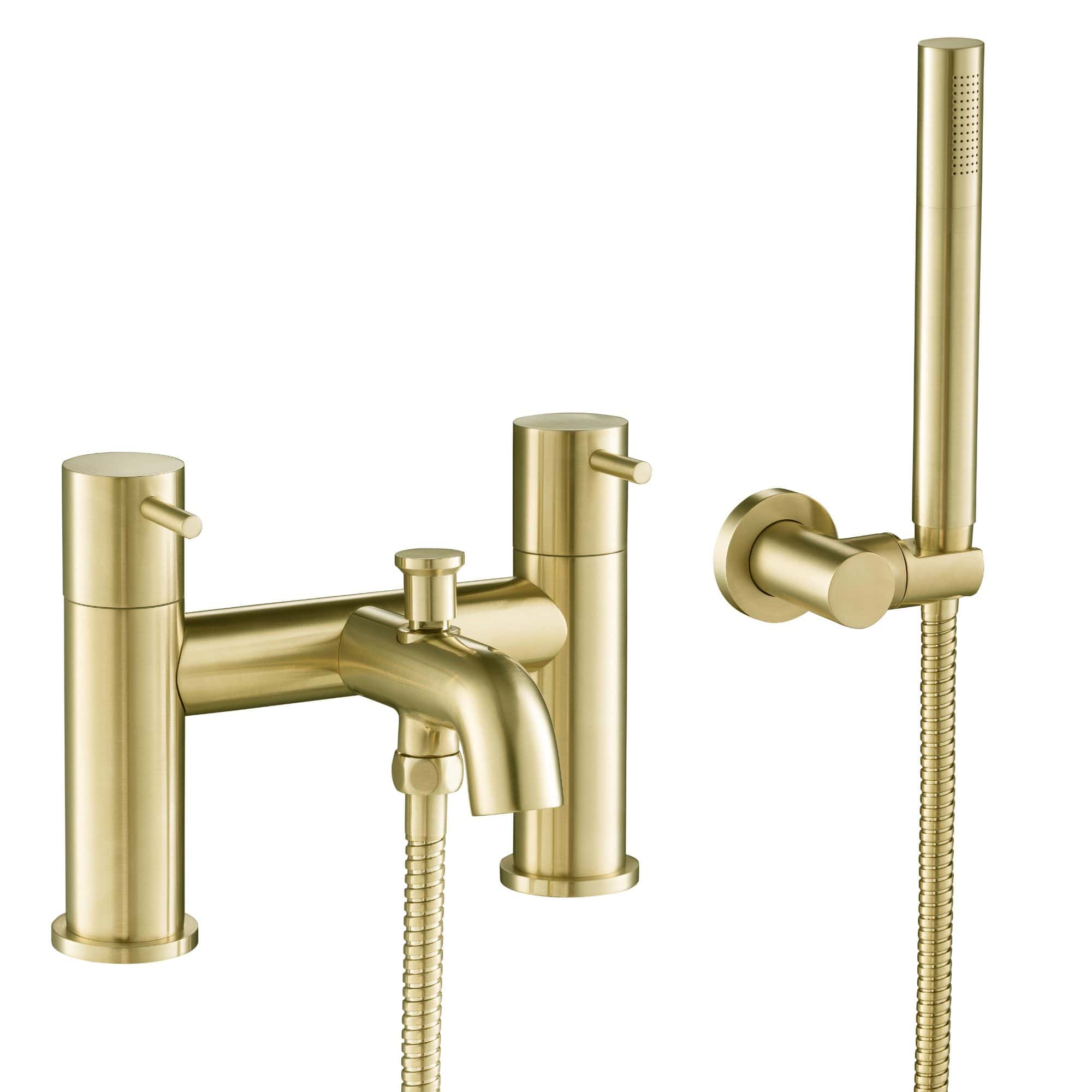 Sleek gold bathroom mixer tap with matching handheld shower, modern design, ideal for luxury bathtub and shower setups, made for stylish and functional bathroom upgrades.