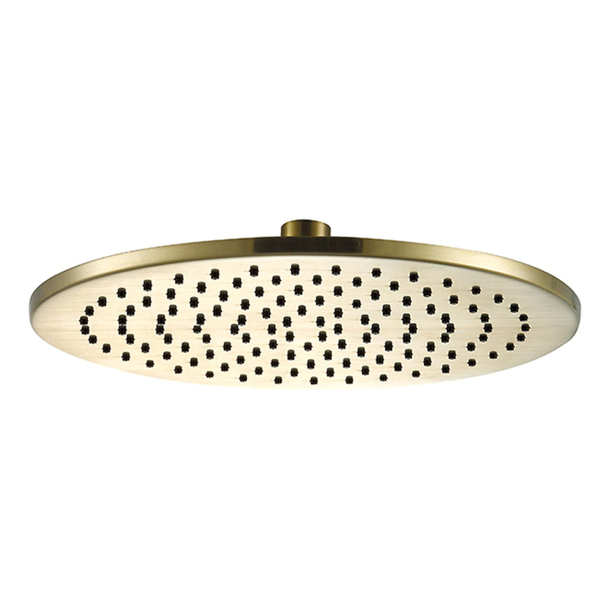 Polished brass rain shower head with black nozzles, modern bathroom fixture for luxurious shower experience, high-quality materials, and sleek design by Bubly Bathrooms.