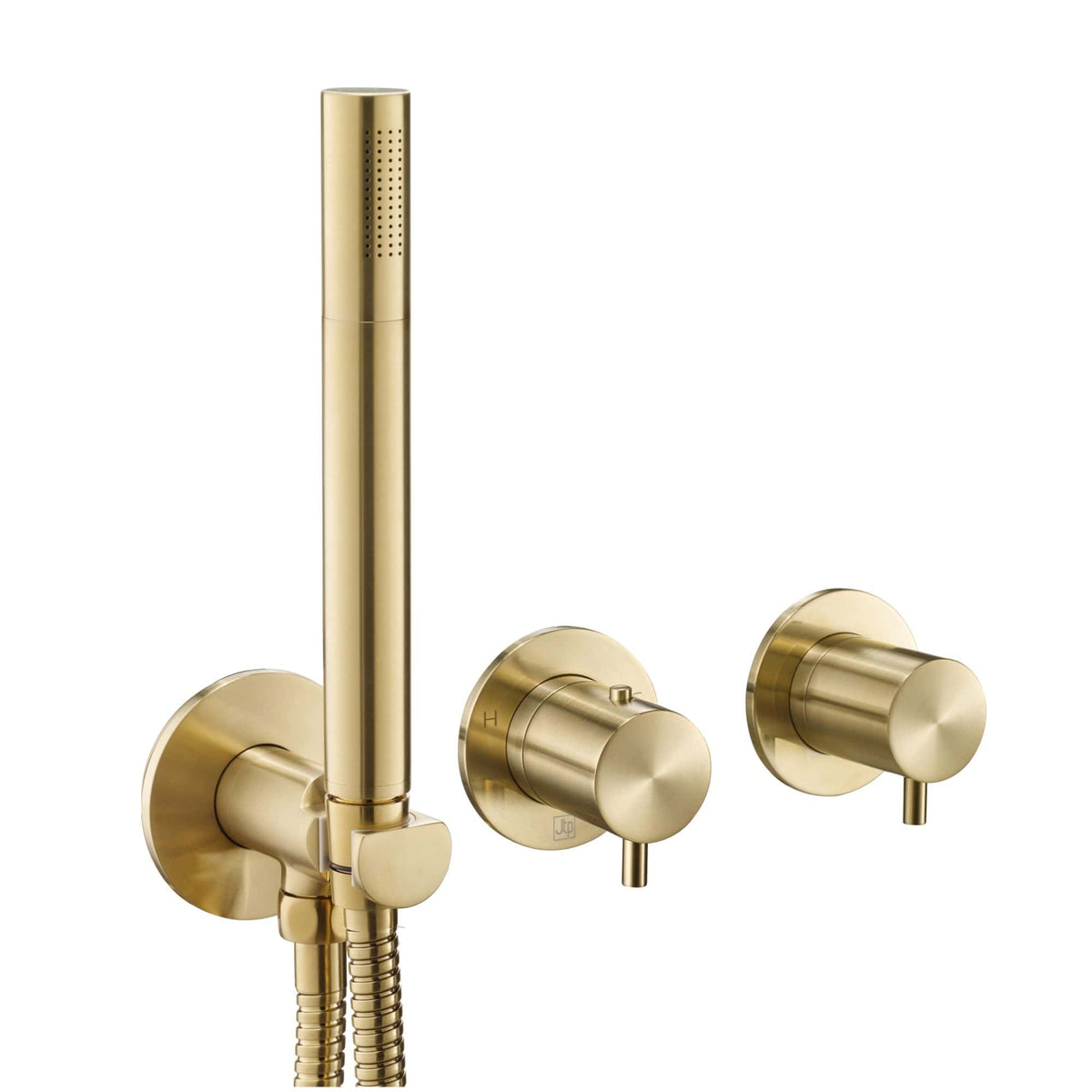 Sleek gold bathroom tap and shower fittings with modern design, perfect for contemporary bathroom upgrades, featuring a handheld shower and thermostatic mixer for comfort and style.