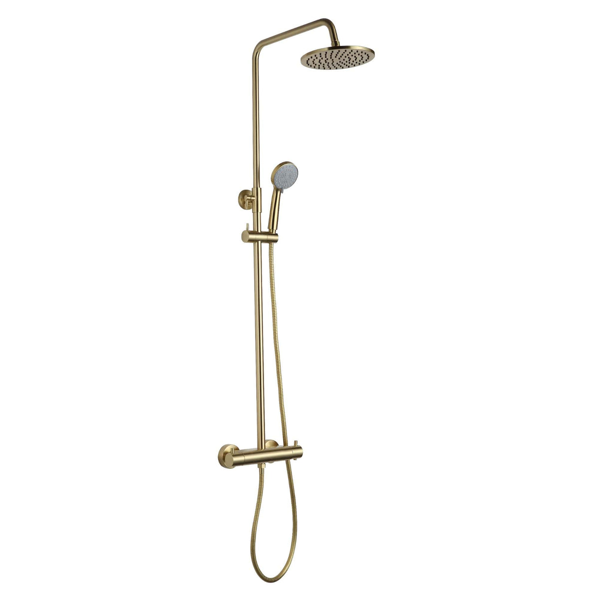 Luxury gold shower system with overhead and handheld options for a stylish modern bathroom. Perfect for bath upgrade, combining functionality with elegant design.