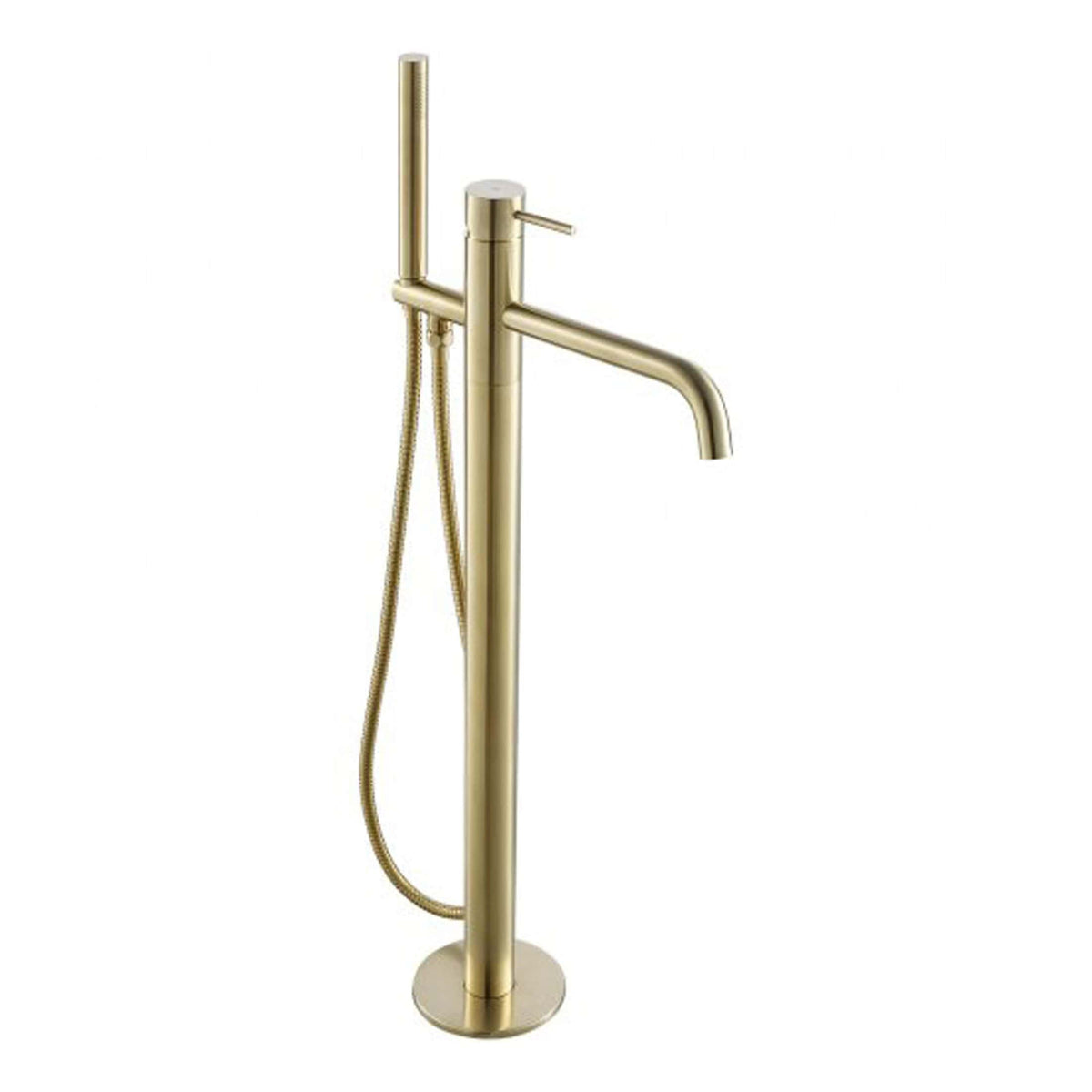 Brass freestanding bathroom tap with hand shower and modern design, ideal for luxury bathtubs and contemporary bathroom interiors. Durable, stylish, perfect for elevating bathroom aesthetics.
