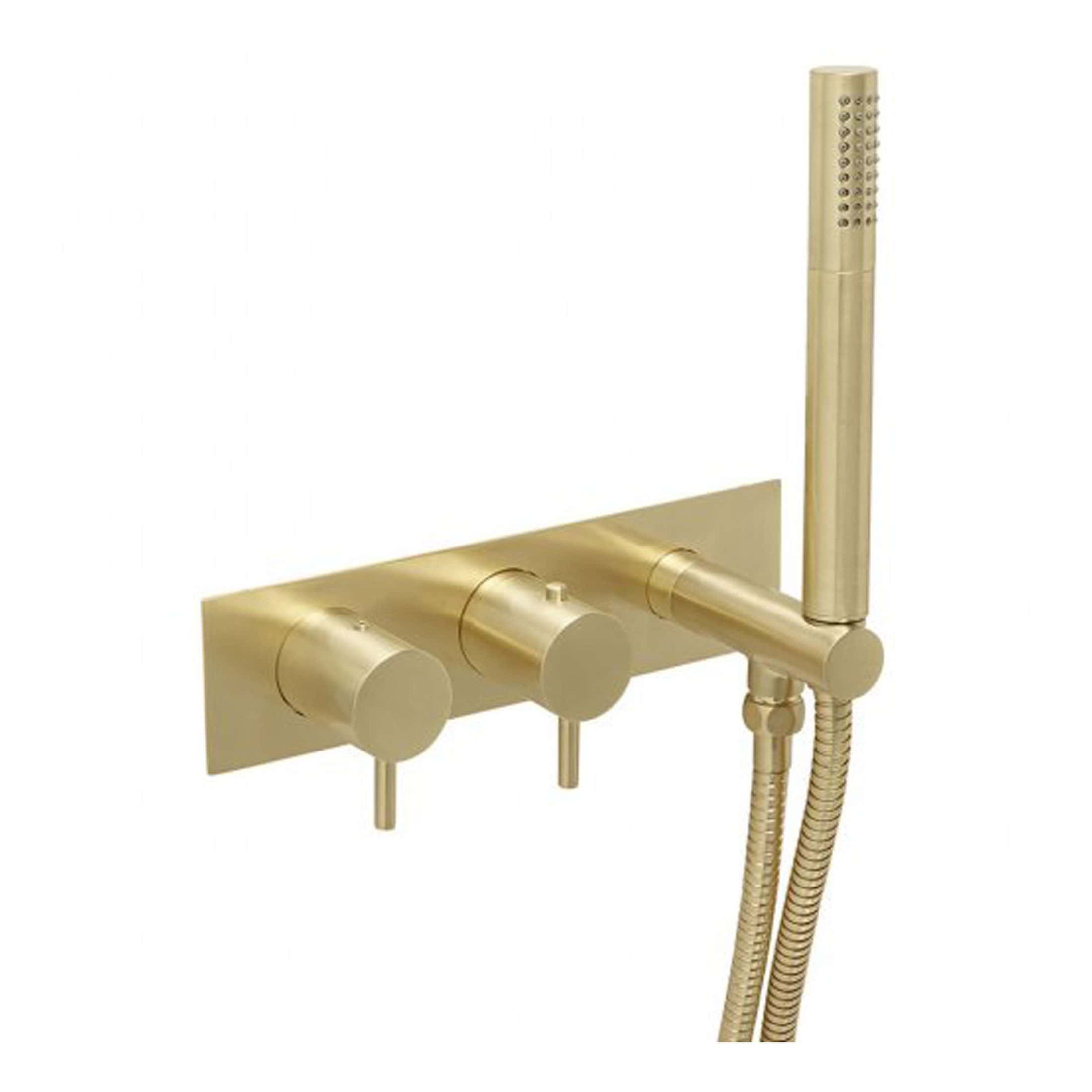 Polished gold wall-mounted shower mixer with handheld showerhead for luxurious bathroom renovations. High-quality, modern design ideal for contemporary bathrooms.