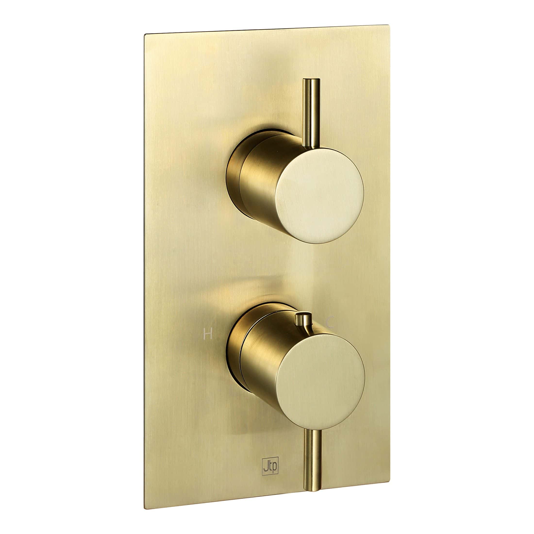 Polished brass shower thermostat control panel, modern bathroom fixtures, elegant brass finish, wall-mounted design, dual control knobs for temperature and flow adjustment, high-quality bathroom accessories from Bubly Bathrooms.