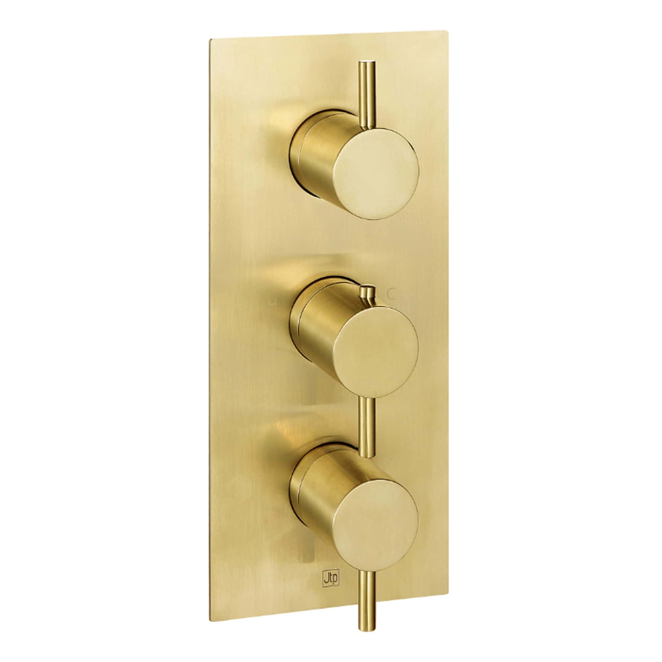 Sleek gold digital shower control panel for modern bathrooms, featuring three adjustable temperature and flow controls, perfect for luxurious bubly bathroom upgrades.