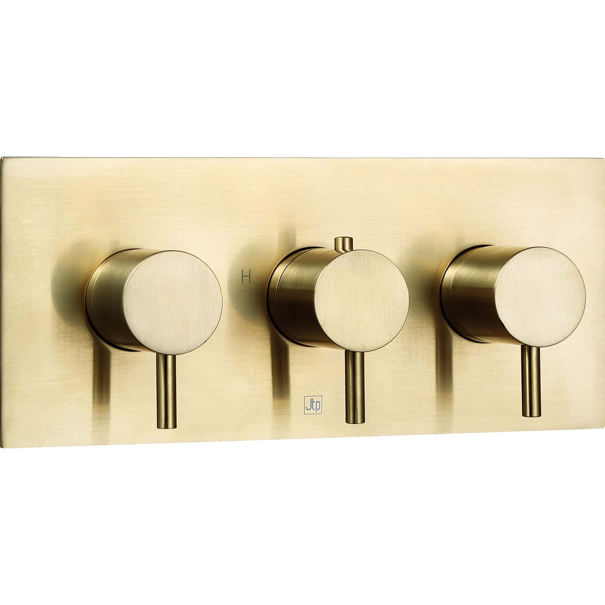 Sleek brass bathroom shower control panel with three dials for precise temperature and water flow management, perfect for modern bathroom renovations.