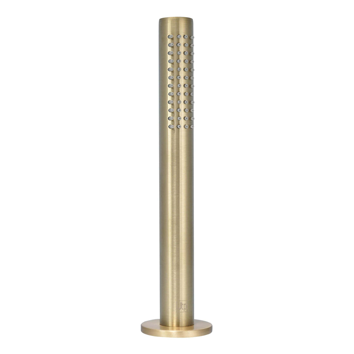Polished brass rainfall shower head with multiple adjustable spray nozzles for modern bathroom design.