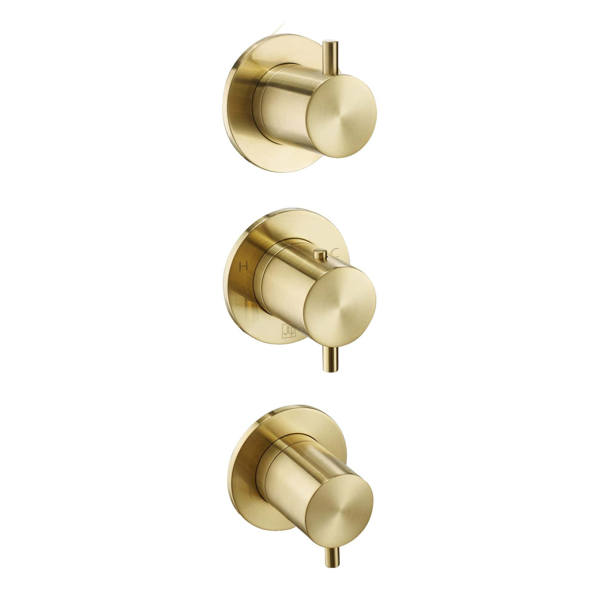 Brass bathroom shower controls set with modern, minimalist design for contemporary bathroom upgrades, featuring temperature and flow adjustment handles.