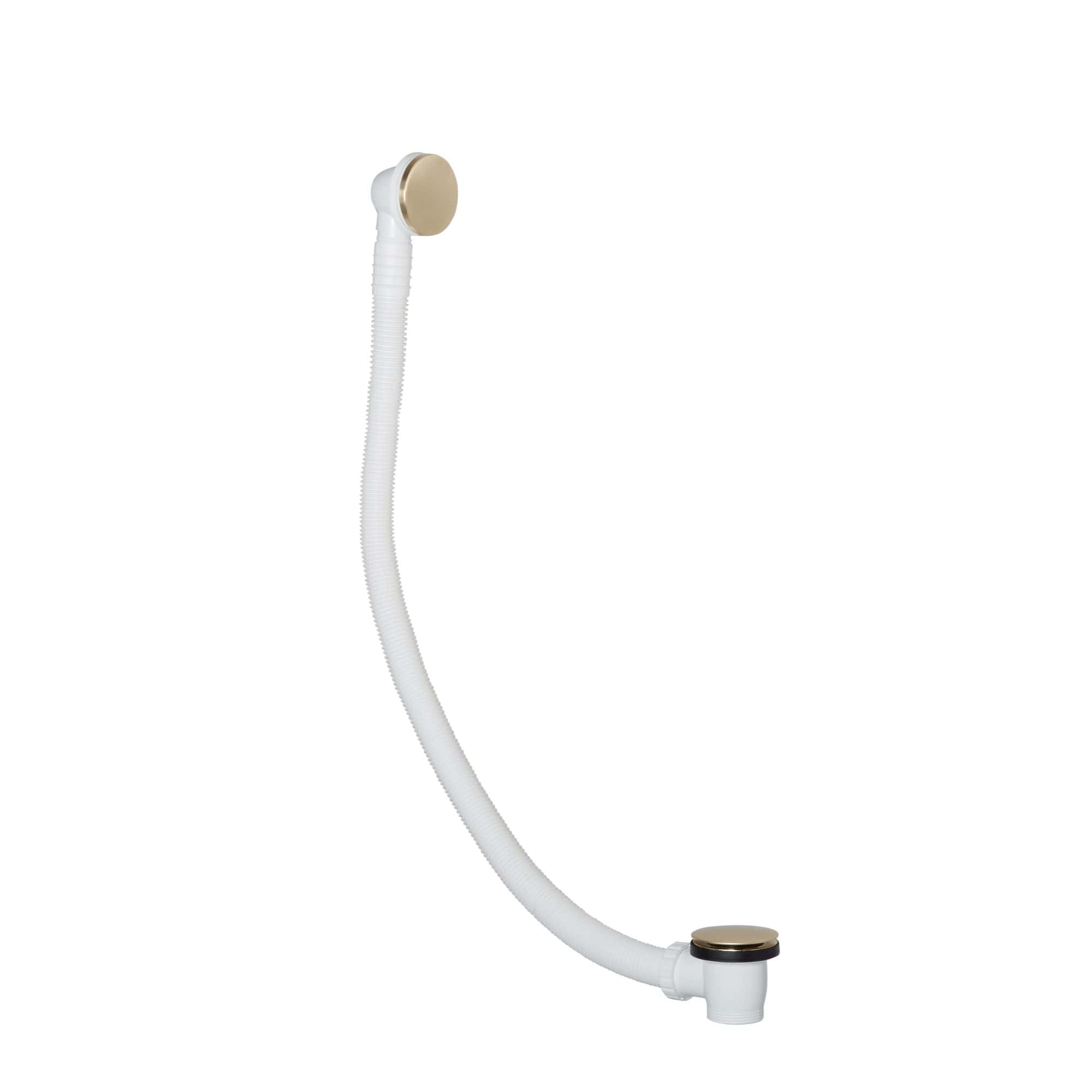 Flexible bathtub drain pipe with adjustable stopper, designed for bathroom plumbing installations, featuring a white and gold finish for a sleek look.