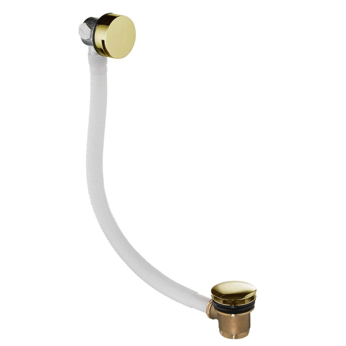 Polished gold bathroom sink drain with a flexible white hose and Brass fittings, ideal for modern bathroom plumbing installations.