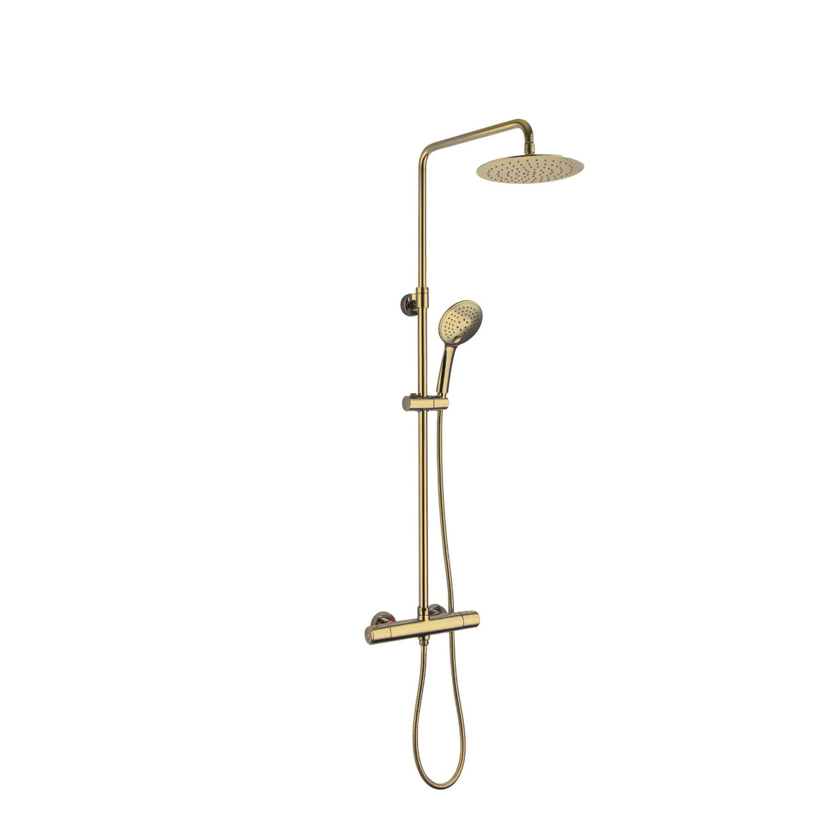 Modern gold bathroom shower with dual shower heads, including a rain shower and handheld spray, designed for luxury bath experiences and bathroom renovation upgrades.