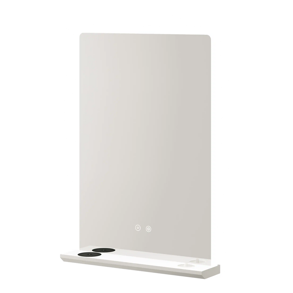 Sleek white bathroom mirror with integrated LED lighting and electric sockets, perfect for modern bathrooms, offering stylish design and functional features for daily grooming routines.