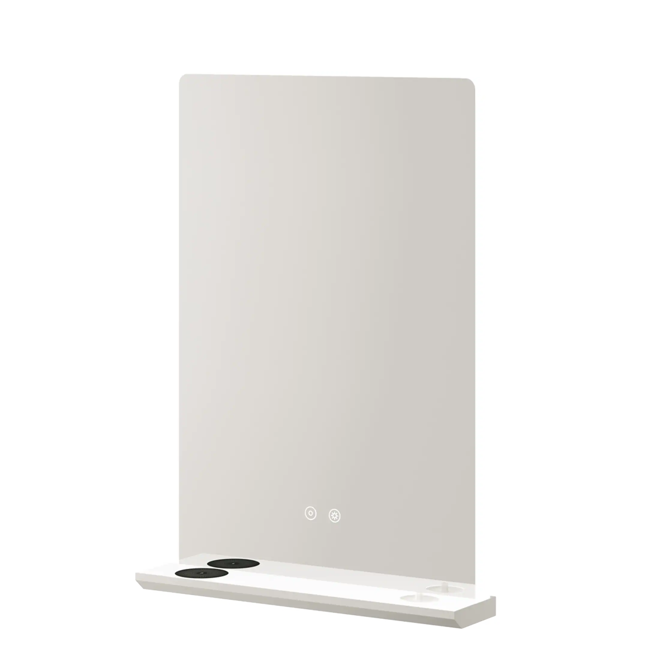 Sleek white bathroom mirror with integrated LED lighting and electric sockets, perfect for modern bathrooms, offering stylish design and functional features for daily grooming routines.