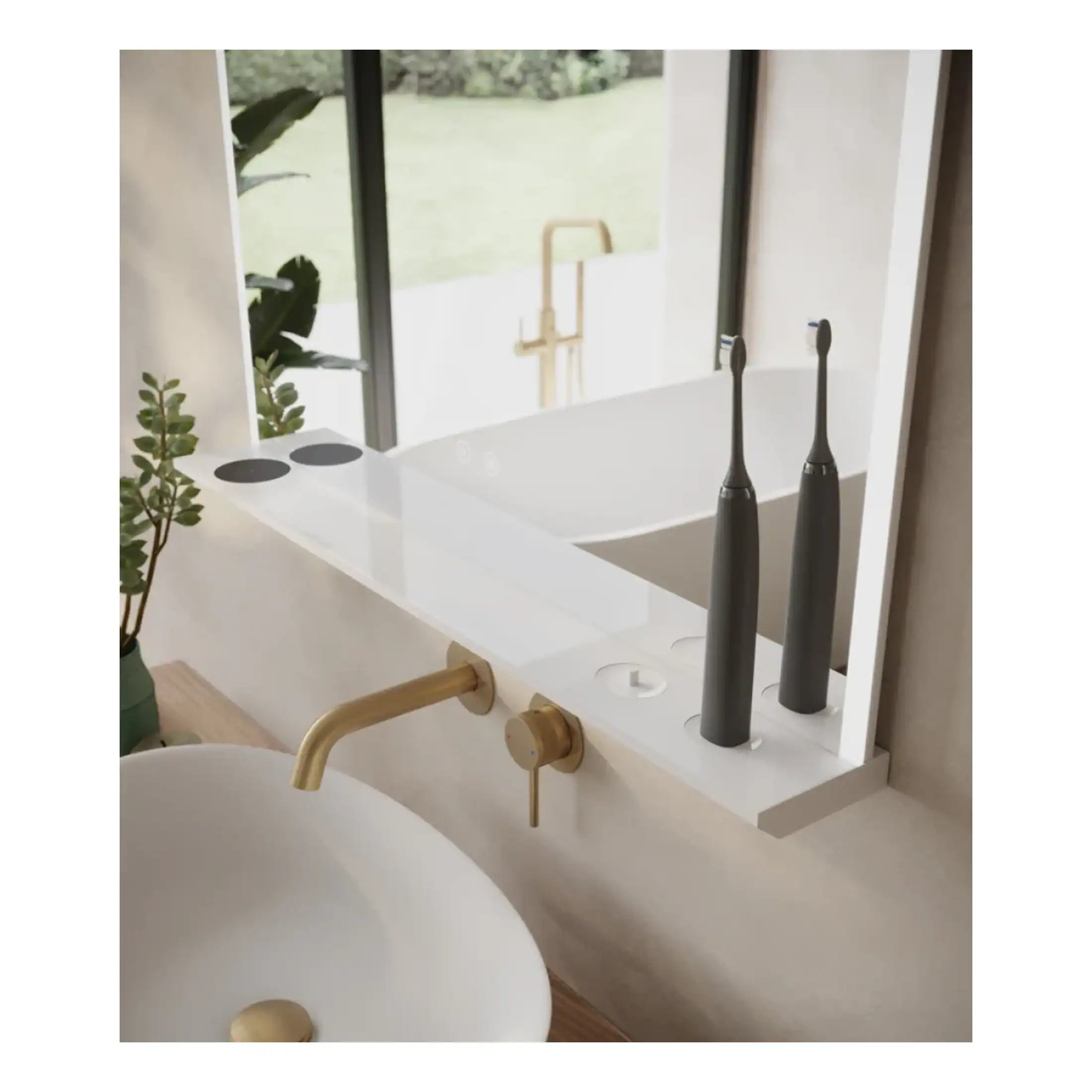 Sleek modern bathroom with stylish black electric toothbrushes, a white bathtub, and a brass wall-mounted tap, set against large windows overlooking a lush green garden, embodying contemporary bathroom design.