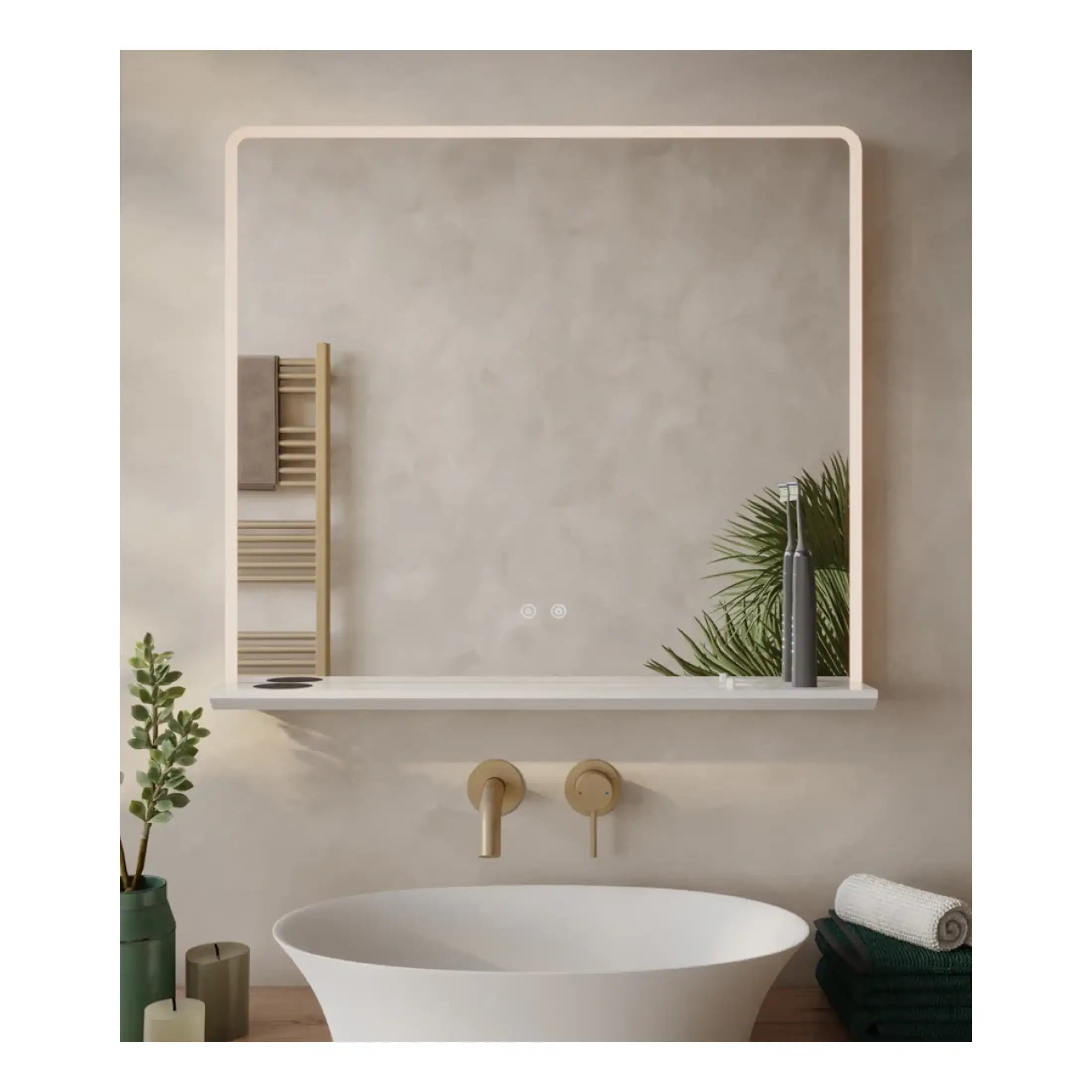 Sleek modern bathroom mirror with integrated LED lighting, minimalist design, and warm neutral colour scheme, perfect for contemporary bathrooms and enhancing space with stylish bathroom fixtures.
