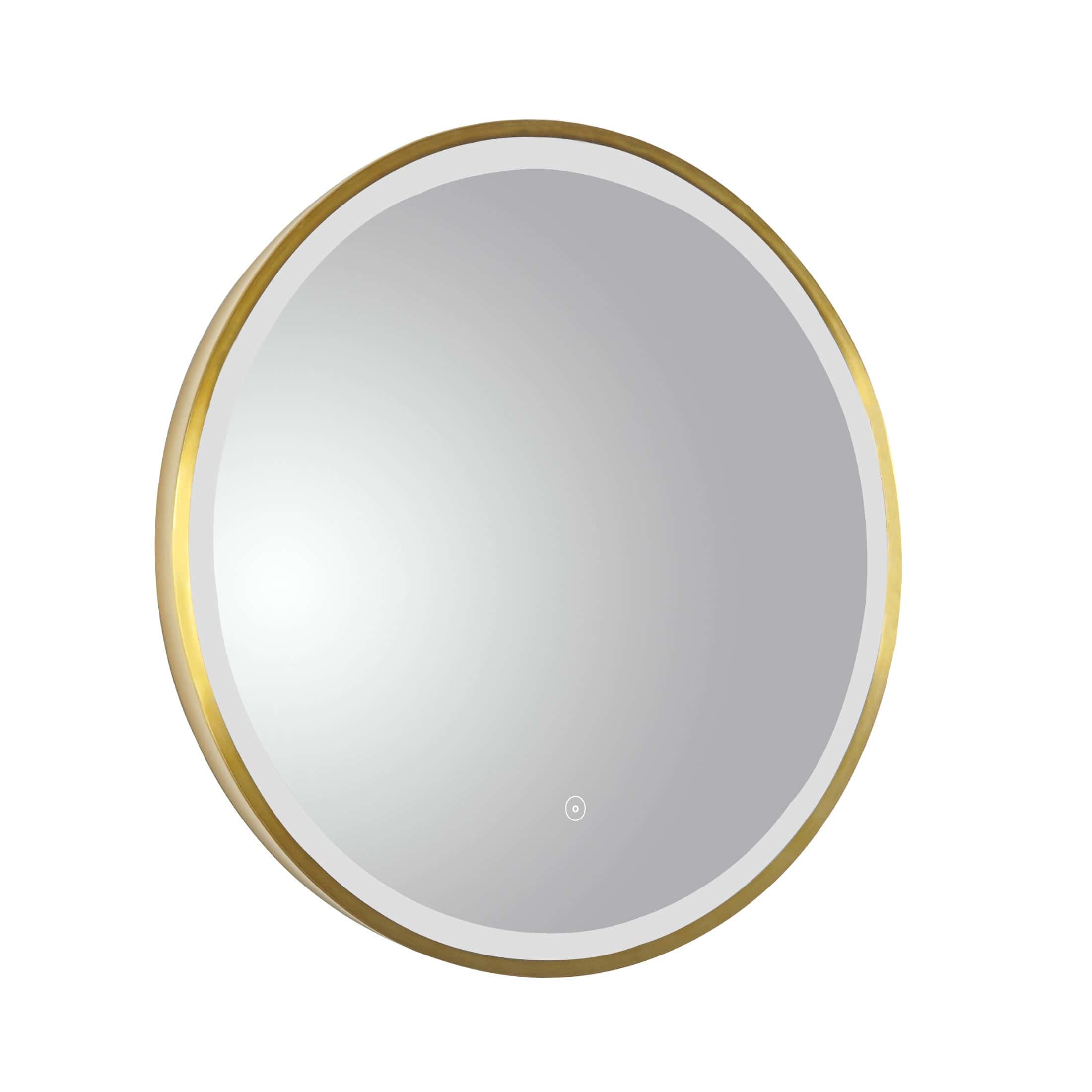 Sleek round bathroom mirror with a gold frame, ideal for modern bathroom interiors, enhances space with stylish decor and functional illumination. Perfect for contemporary bathroom design.