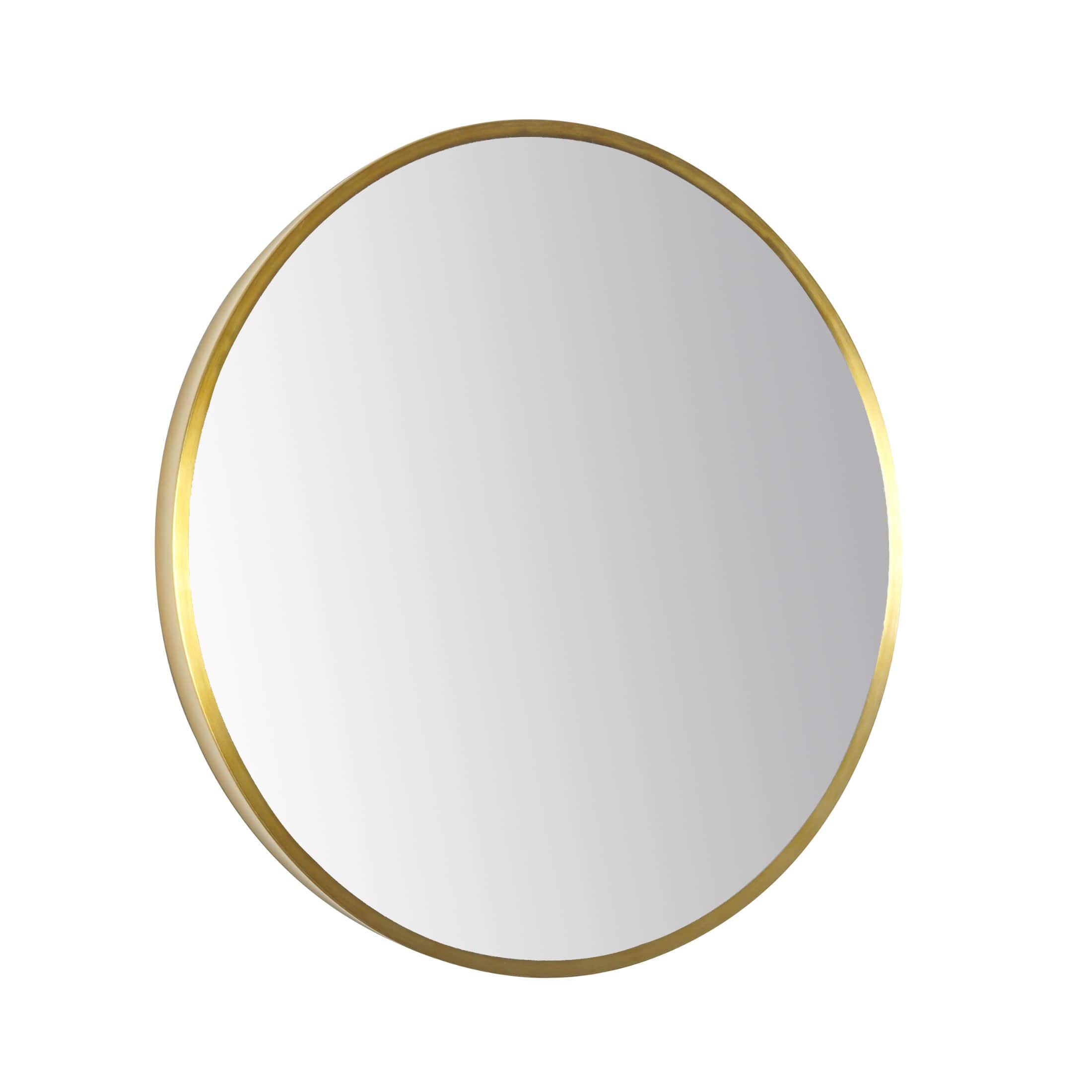 Sleek round wall mirror with a stylish gold-tone frame, ideal for modern bathroom or bedroom decor, adding elegance and functionality to any space.