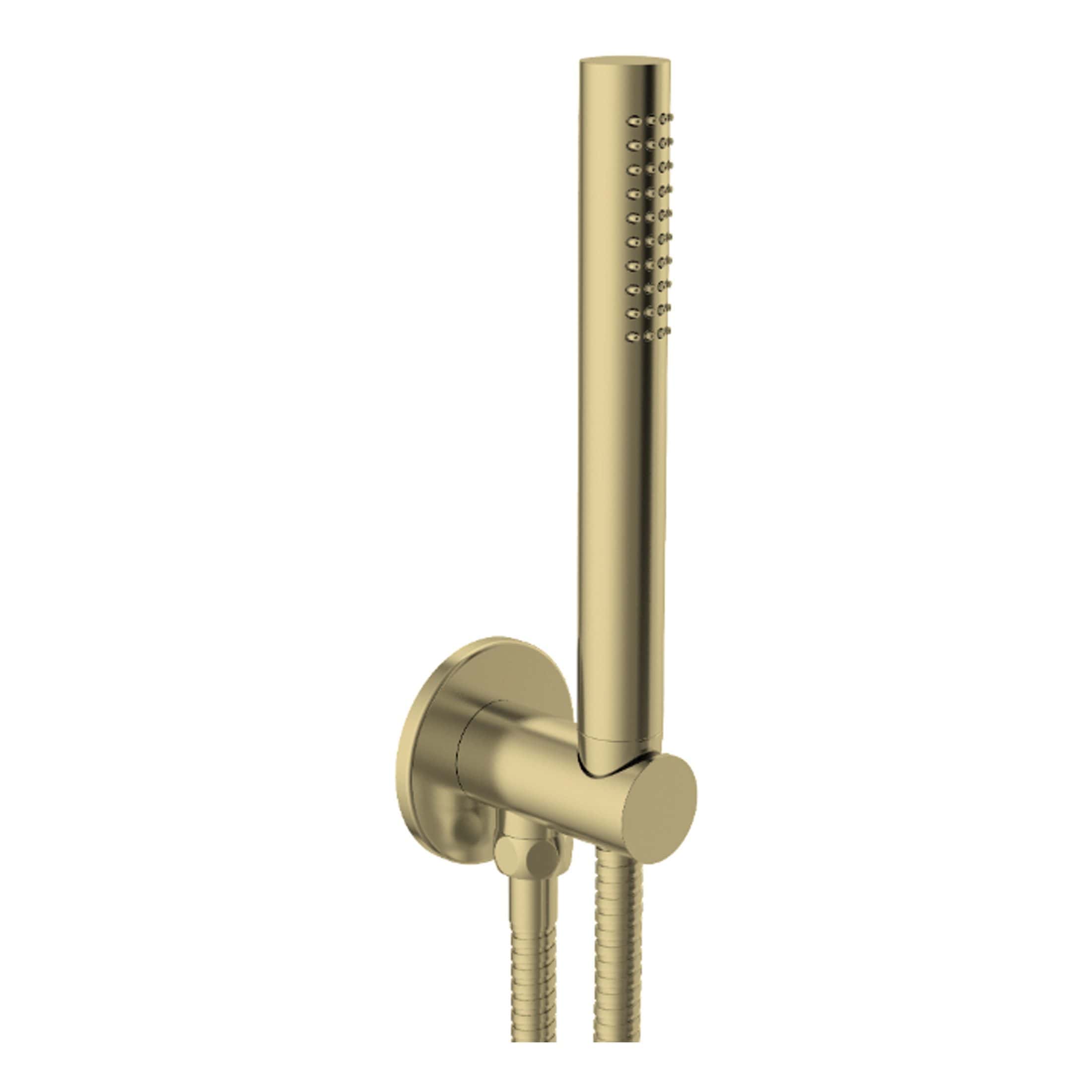 Shower head with handheld bidet spray in gold finish for luxurious bathroom fixtures. Perfect for modern bathroom upgrades and premium shower systems.