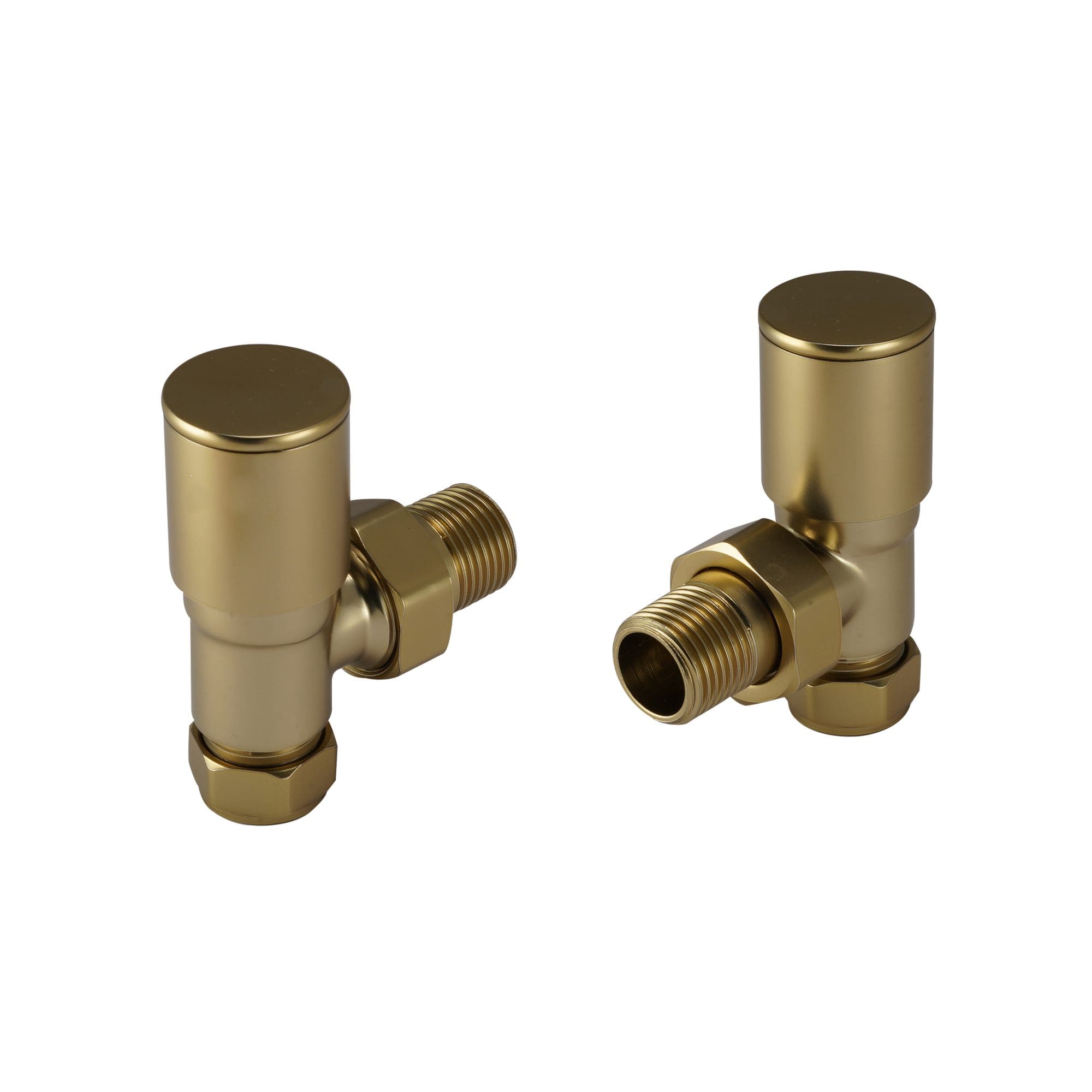 Brass bathroom radiator valve connectors, modern thermostatic valve fittings for efficient heating control, suitable for contemporary bathroom designs.