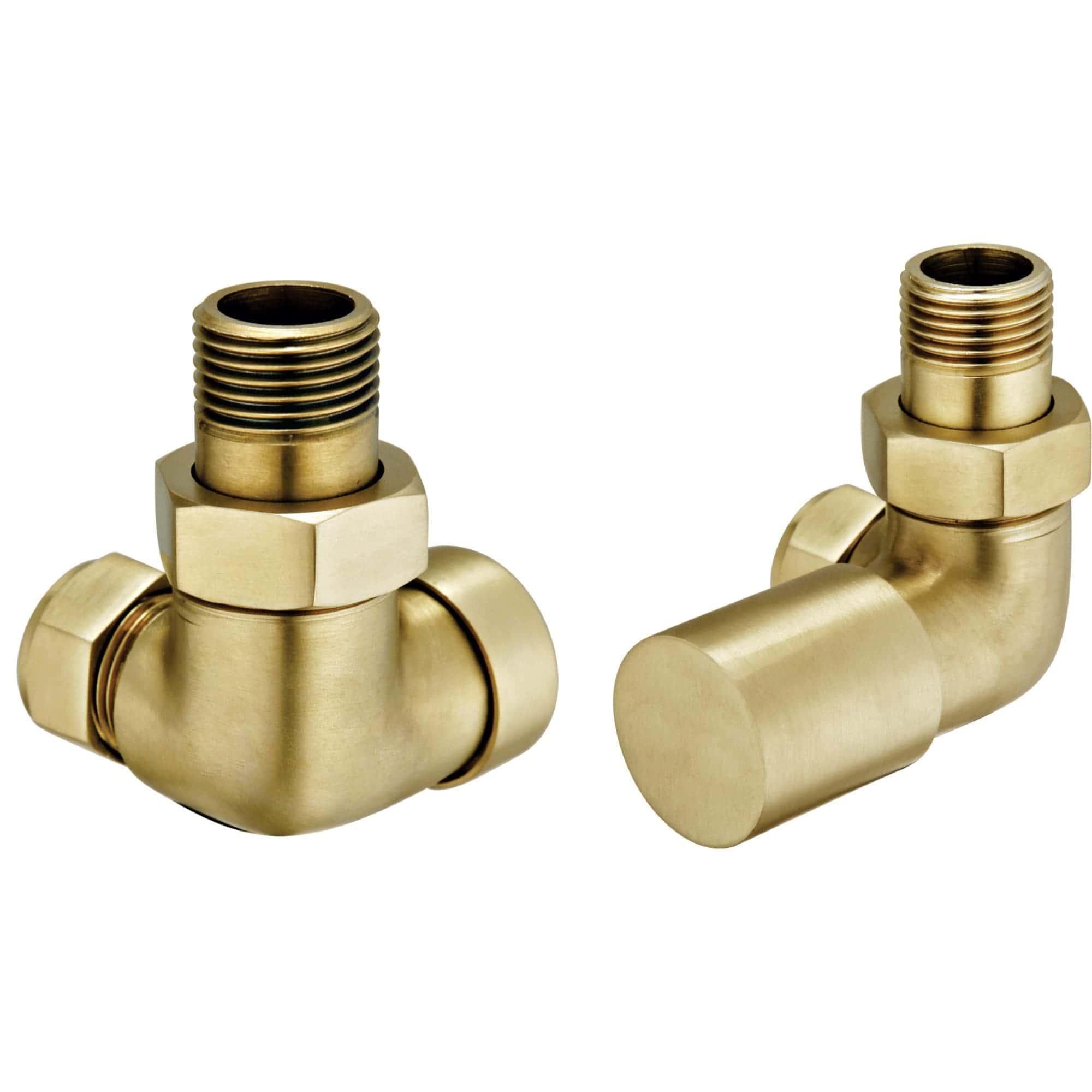 Brass corner radiator valves with threaded ends, ideal for bathroom heating systems, ensuring durability and easy installation for a stylish bathroom finish.