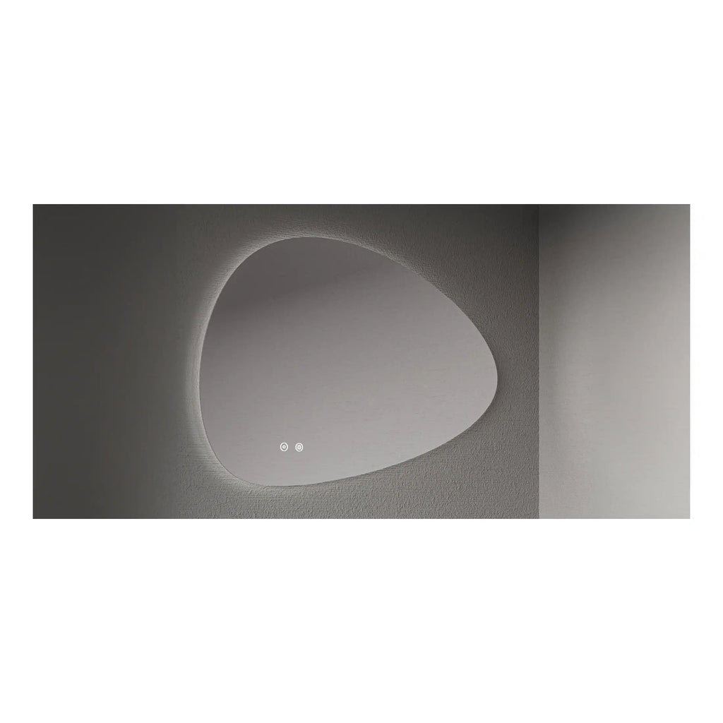 Contemporary minimalist bathroom mirror with integrated LED lighting and touch controls, designed for sleek, modern bathroom decor, by Bubly Bathrooms.