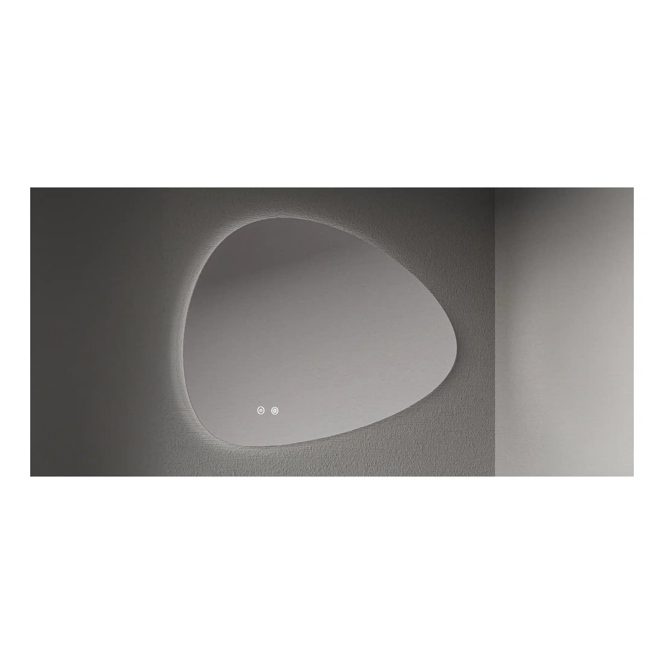 Contemporary minimalist bathroom mirror with integrated LED lighting and touch controls, designed for sleek, modern bathroom decor, by Bubly Bathrooms.