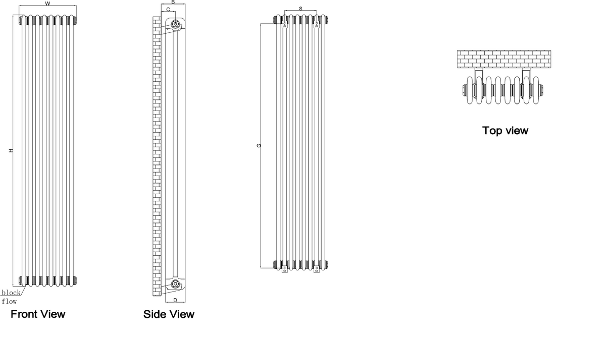 Reina Hedingham Vertical Black Designer Radiator - technical drawing with dimensions