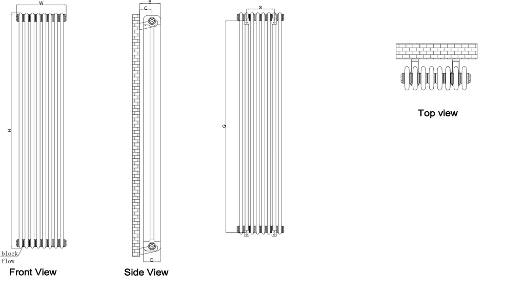 Reina Hedingham Vertical White Designer Radiator - technical drawing with dimensions