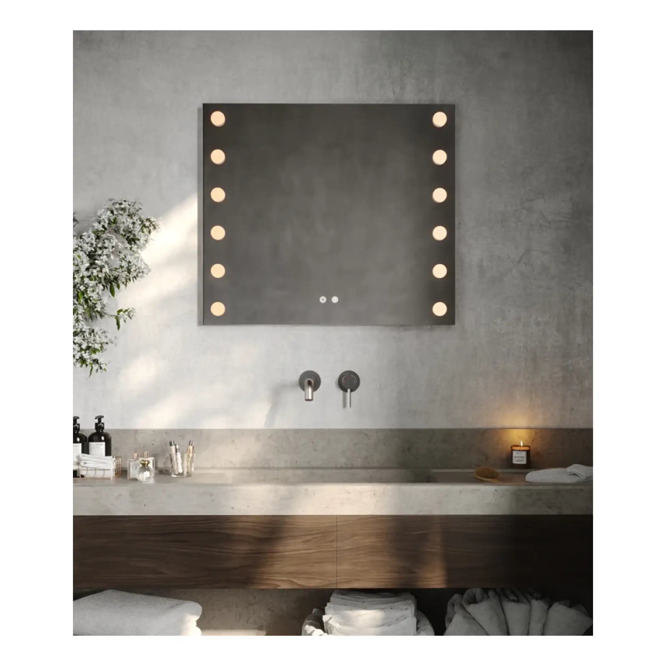 Elegant modern bathroom vanity mirror with built-in LED lights, wall-mounted faucet, and minimalist decor, perfect for contemporary bathroom design.