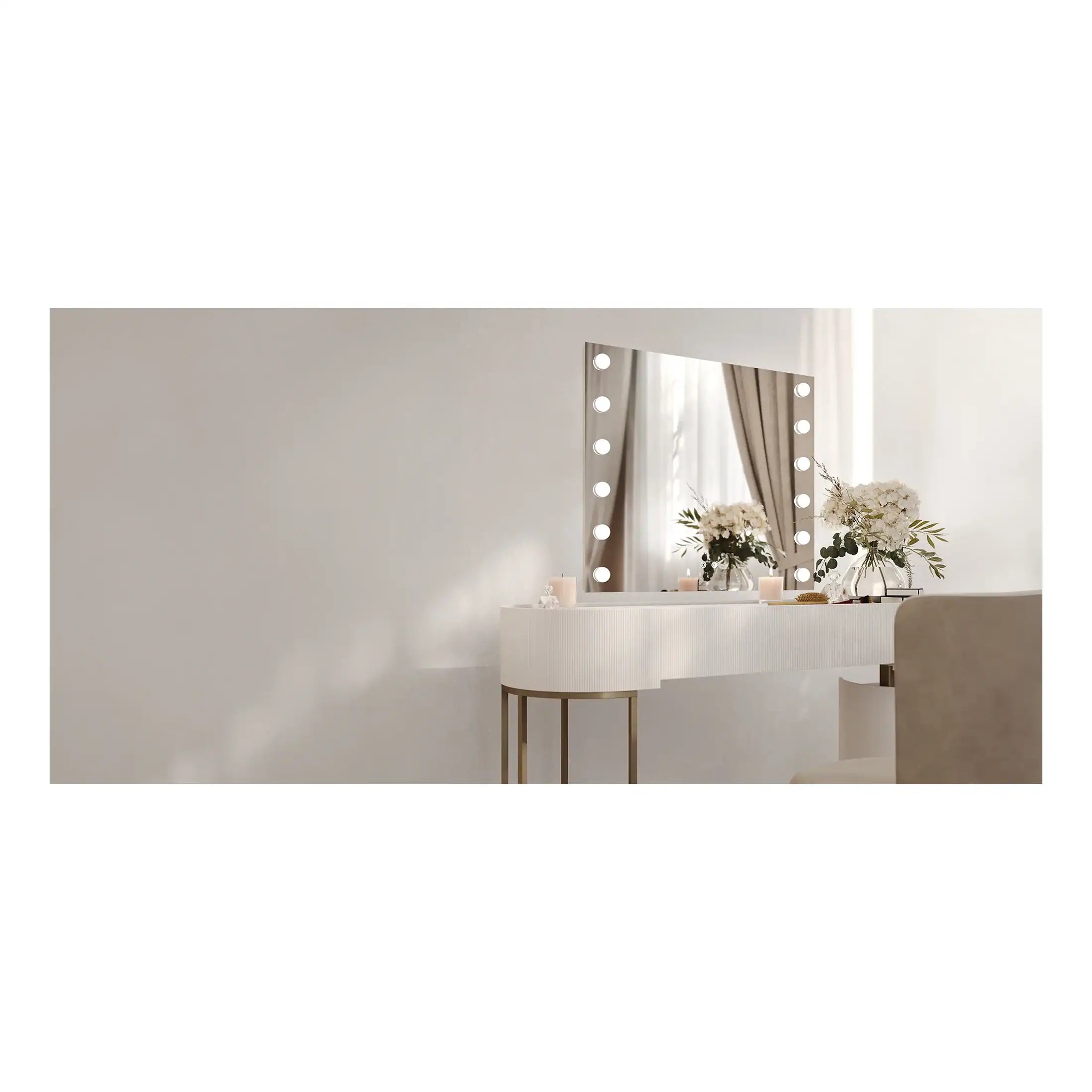Elegant white dressing table with illuminated mirror and fresh flower arrangements, perfect for luxury bathroom decor and vanity spaces.