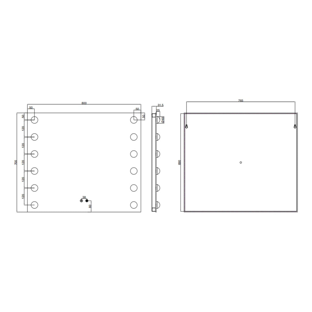 Drawing of a custom bathroom mirror with detailed dimensions and mounting specifications, showcasing professional bathroom renovation design details for Bubly Bathrooms.